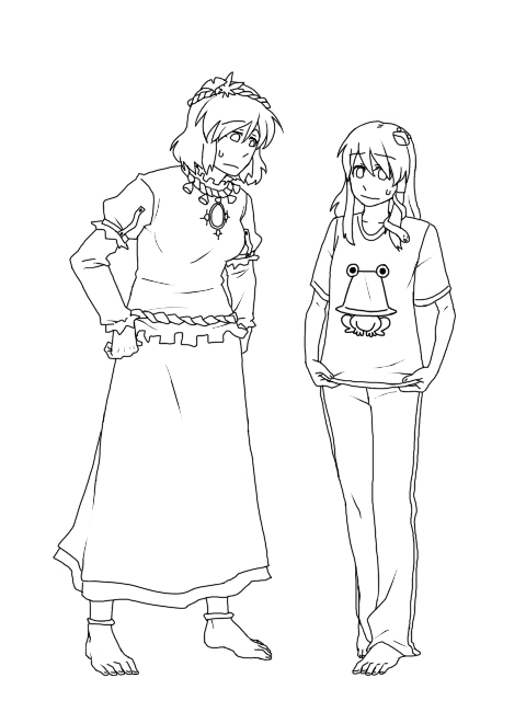 torinone, kochiya sanae, yasaka kanako, touhou, 2girls, barefoot, female focus, full body, greyscale, hat, monochrome, multiple girls, shirt, short hair, simple background, skirt, t-shirt, white background