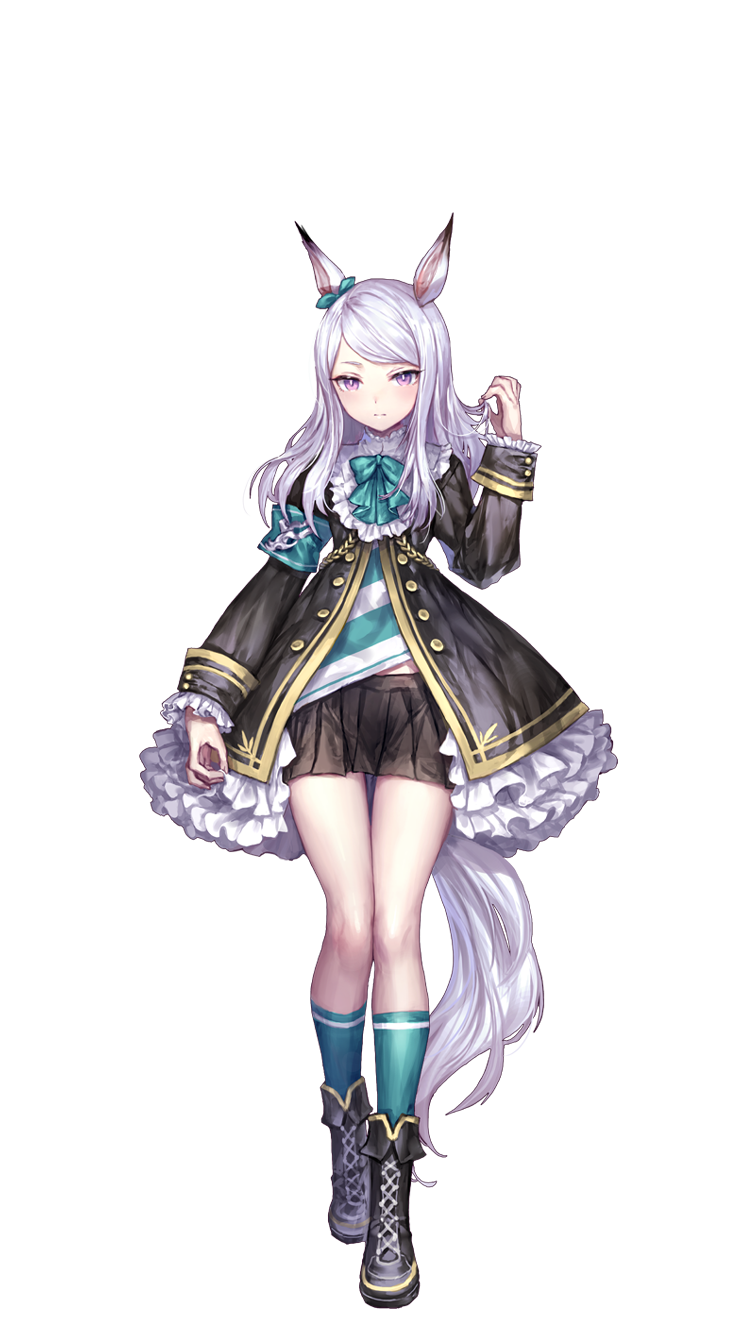 mejiro mcqueen (frontline elegance) (umamusume), mejiro mcqueen (umamusume), umamusume, highres, official art, 1girl, animal ears, armband, black background, black boots, black jacket, black shoes, black skirt, blush, boots, bow, closed mouth, dot nose, dress, ear ornament, female focus, frilled dress, frilled jacket, frilled skirt, frills, full body, green armband, green bow, green neckerchief, green ribbon, green socks, grey hair, grey tail, hair ribbon, horse ears, horse girl, horse tail, jacket, juliet sleeves, lace-up boots, legs, long hair, long sleeves, looking at viewer, miniskirt, neckerchief, pleated skirt, puffy long sleeves, puffy sleeves, purple eyes, ribbon, sexually suggestive, shoes, skirt, socks, solo, solo focus, stomach, tail, thighs