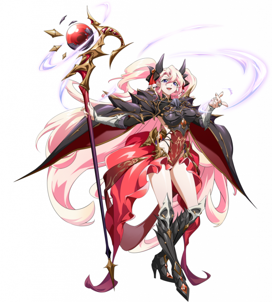 langrisser, langrisser mobile, game cg, official art, third-party source, 1girl, :d, arm guards, armor, armored boots, beckoning, black armor, black cape, black ribbon, blue eyes, boobplate, boots, breastplate, cape, clothing cutout, energy, floating cape, floating clothes, floating hair, full body, gem, hair between eyes, hair ribbon, high heel boots, high heels, holding, holding weapon, knee boots, leotard, long hair, looking at viewer, mage staff, magic, open mouth, outstretched hand, patricia (langrisser), pauldrons, pink hair, red cape, red gemstone, red leotard, ribbon, shoulder armor, side cutout, simple background, smile, solo, staff, standing, tachi-e, thighs, transparent background, twintails, two-tone cape, vambraces, very long hair, waist cape, weapon