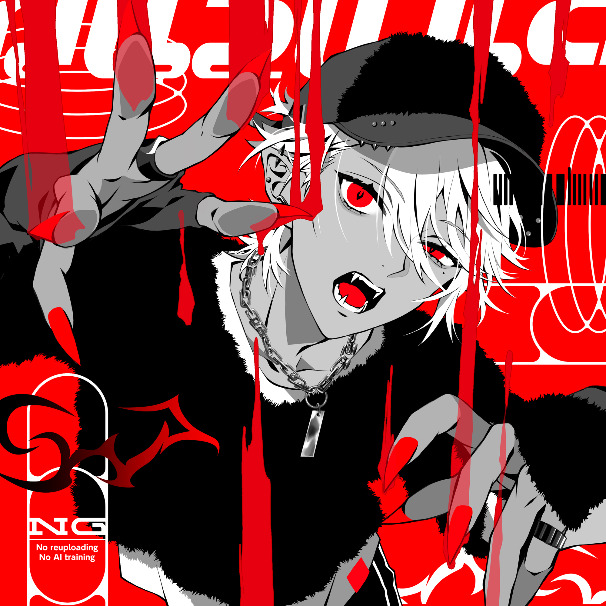 akke (akke299), kuzuha (nijisanji), nijisanji, highres, 1boy, barcode, black hat, black shirt, chain, chain necklace, collarbone, cover, dog tags, ear piercing, earrings, english text, fake cover, fangs, fingernails, fur shirt, fur trim, graffiti, hair between eyes, hands up, hat, jacket, jewelry, long sleeves, looking at viewer, male focus, melting, mole, mole under eye, monochrome, nail polish, necklace, open mouth, piercing, pointy ears, red background, red eyes, red nails, red theme, ring, sharp fingernails, shirt, solo, teeth, tongue, upper body, virtual youtuber, watermark, white hair
