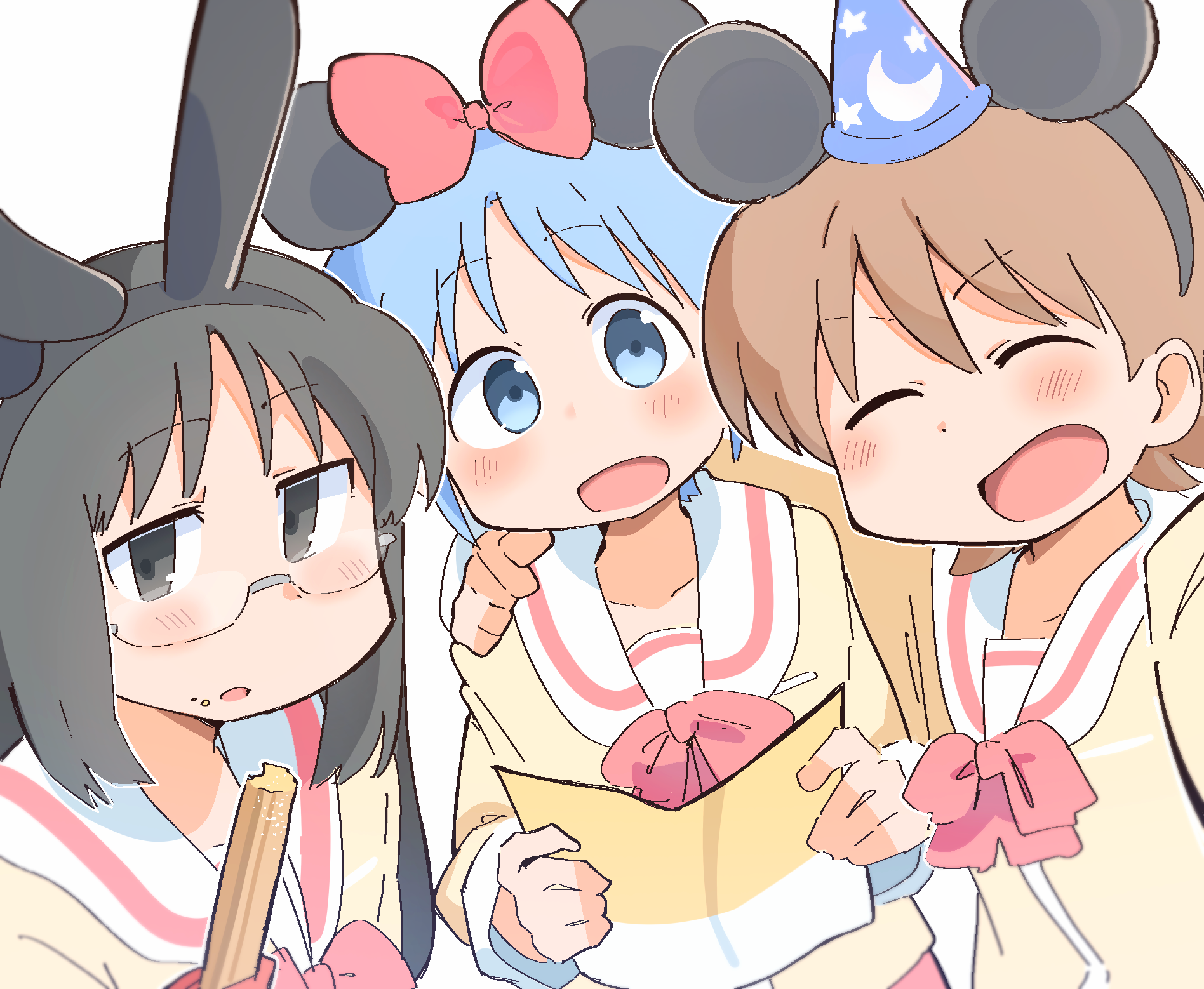 wichimi, aioi yuuko, minakami mai, naganohara mio, disney, nichijou, highres, 3girls, animal ear hairband, animal ears, black eyes, black hair, blue eyes, blue hair, blue hat, bow, bowtie, brown hair, closed eyes, collarbone, fake animal ears, glasses, hair bow, hairband, hand on another's shoulder, hat, holding, holding churro, holding paper, long hair, looking at viewer, mickey mouse ears, mini hat, minnie mouse ears, mouse ears, multiple girls, open mouth, paper, rabbit ears, red bow, red bowtie, sailor collar, school uniform, semi-rimless eyewear, serafuku, sidelocks, simple background, tokisadame school uniform, white background, white sailor collar, wizard hat, yellow serafuku