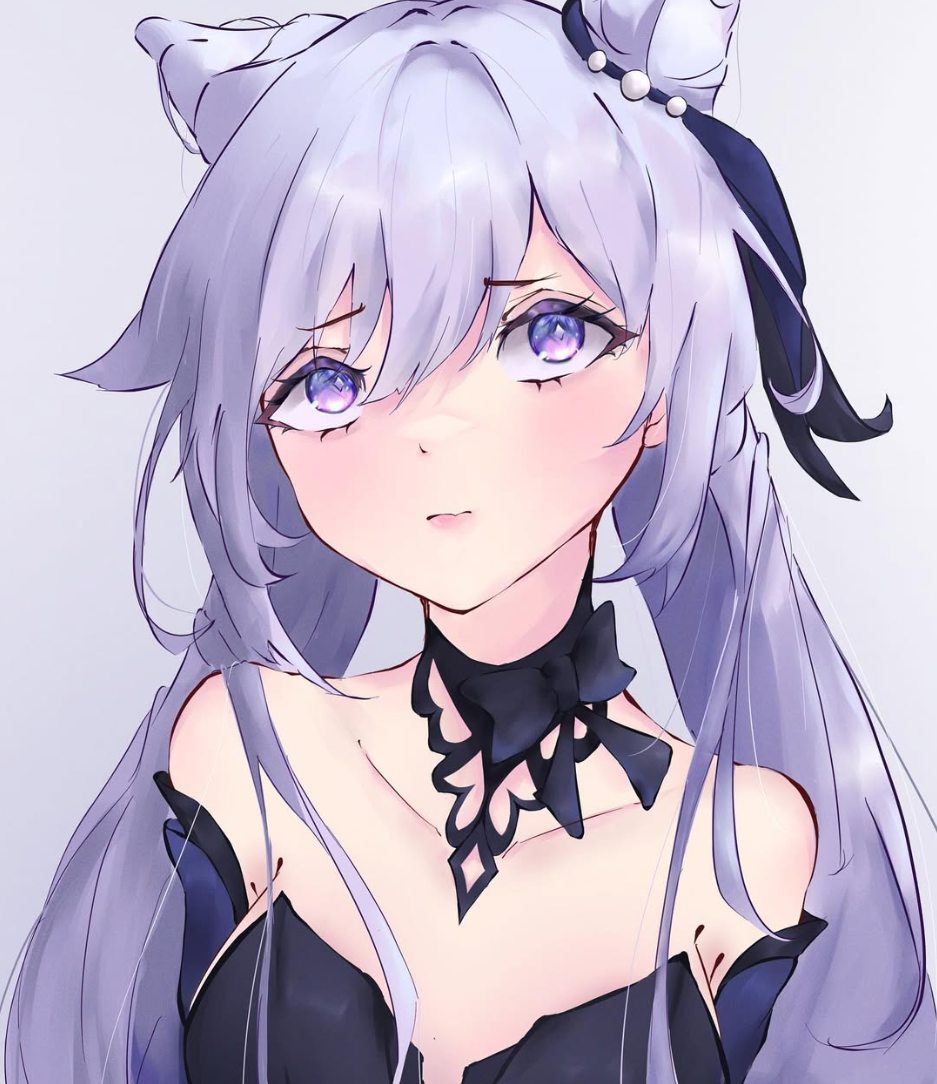 yukimatalng, keqing (genshin impact), keqing (opulent splendor) (genshin impact), genshin impact, 1girl, bare shoulders, black choker, black dress, choker, dress, grey background, long hair, looking at viewer, official alternate costume, purple eyes, purple hair, simple background, solo, upper body, very long hair