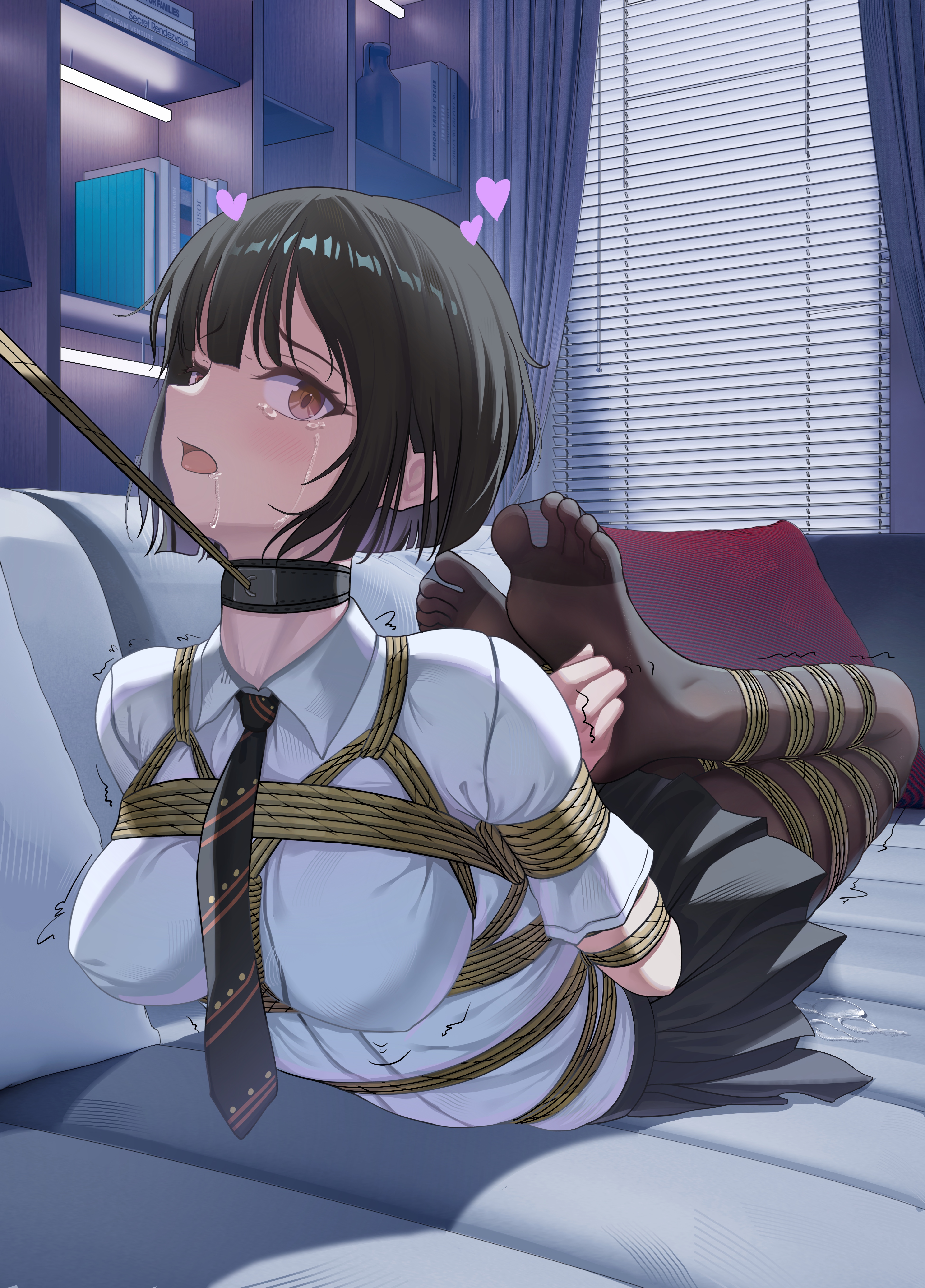 liangfangliangfangliang, hina saori (himitsu), original, absurdres, highres, variant set, 1girl, arms behind back, bdsm, black necktie, black pantyhose, black skirt, bondage, bookshelf, borrowed character, bound, bound arms, bound legs, breasts, brown eyes, brown hair, collar, heart, hogtie, leash, looking at viewer, lying, medium breasts, necktie, on stomach, pantyhose, pillow, pussy juice, saliva, shibari, shibari over clothes, shirt, short hair, skirt, spoken heart, trembling, viewer holding leash, white shirt