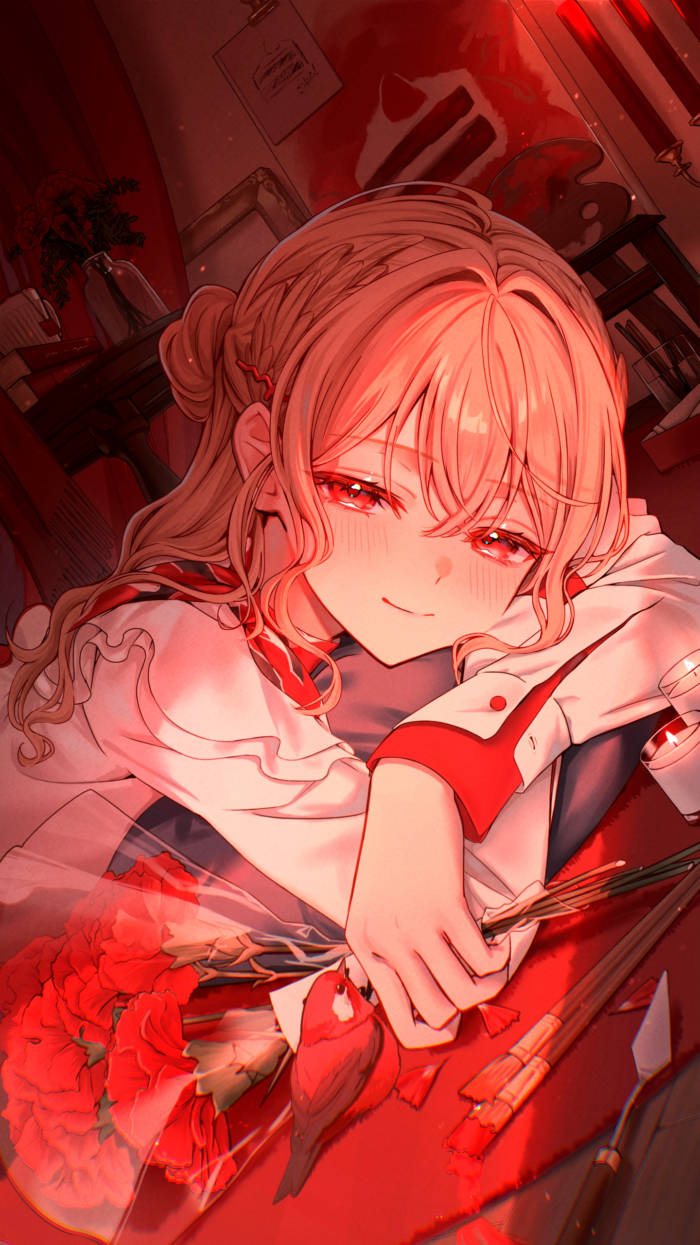 satori suzuha, original, absurdres, commentary request, highres, 1girl, bird, blush, bouquet, candle, closed mouth, crossed bangs, eyelashes, feather hair ornament, feathers, flower, hair between eyes, hair bun, hair ornament, holding, holding bouquet, indoors, long bangs, long hair, long sleeves, lying, on stomach, paintbrush, pink hair, red bird, red eyes, red flower, red theme, shirt, smile, solo, upper body, wavy hair, white shirt