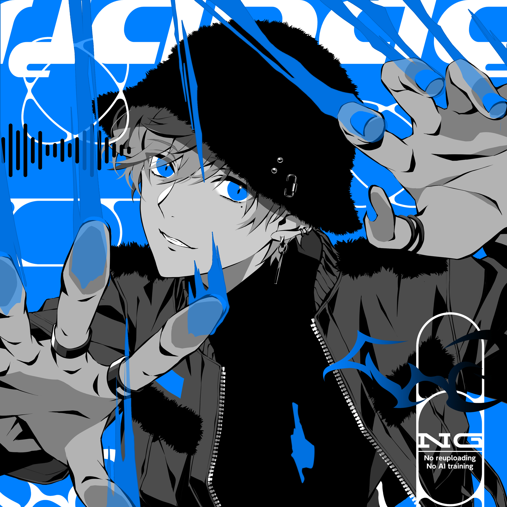 akke (akke299), kanae (nijisanji), nijisanji, highres, 1boy, black hat, black shirt, blue background, blue eyes, blue nails, blue theme, claw pose, cover, ear piercing, earrings, english text, fake cover, fingernails, fur hat, fur trim, graffiti, grin, hair between eyes, hair rings, hands up, hat, jacket, jewelry, long sleeves, looking at viewer, male focus, melting, mole, mole under eye, monochrome, multiple rings, nail polish, open clothes, open jacket, parted lips, piercing, ring, shirt, short hair, smile, solo, spot color, upper body, virtual youtuber, watermark, zipper