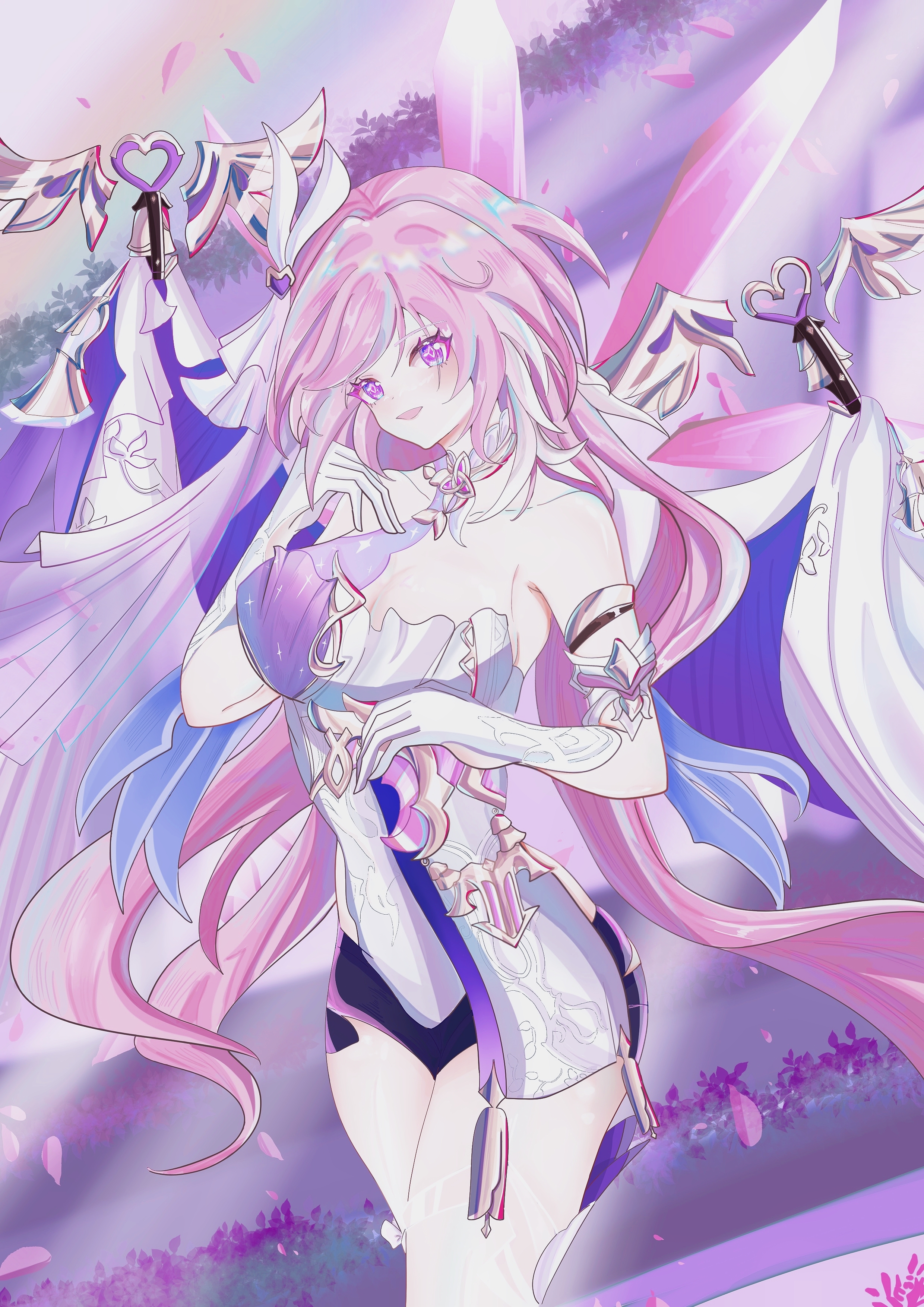 elysia (herrscher of human: ego) (honkai impact), elysia (honkai impact), honkai (series), honkai impact 3rd, absurdres, chinese commentary, commentary request, highres, 1girl, bare shoulders, bell, black shorts, breasts, cleavage, corset, diamond-shaped pupils, diamond (shape), gloves, large breasts, long hair, multicolored hair, pink hair, purple eyes, short shorts, shorts, solo, symbol-shaped pupils, thighs, triquetra, two-tone hair, very long hair, white corset, white gloves, white hair, zedbxl