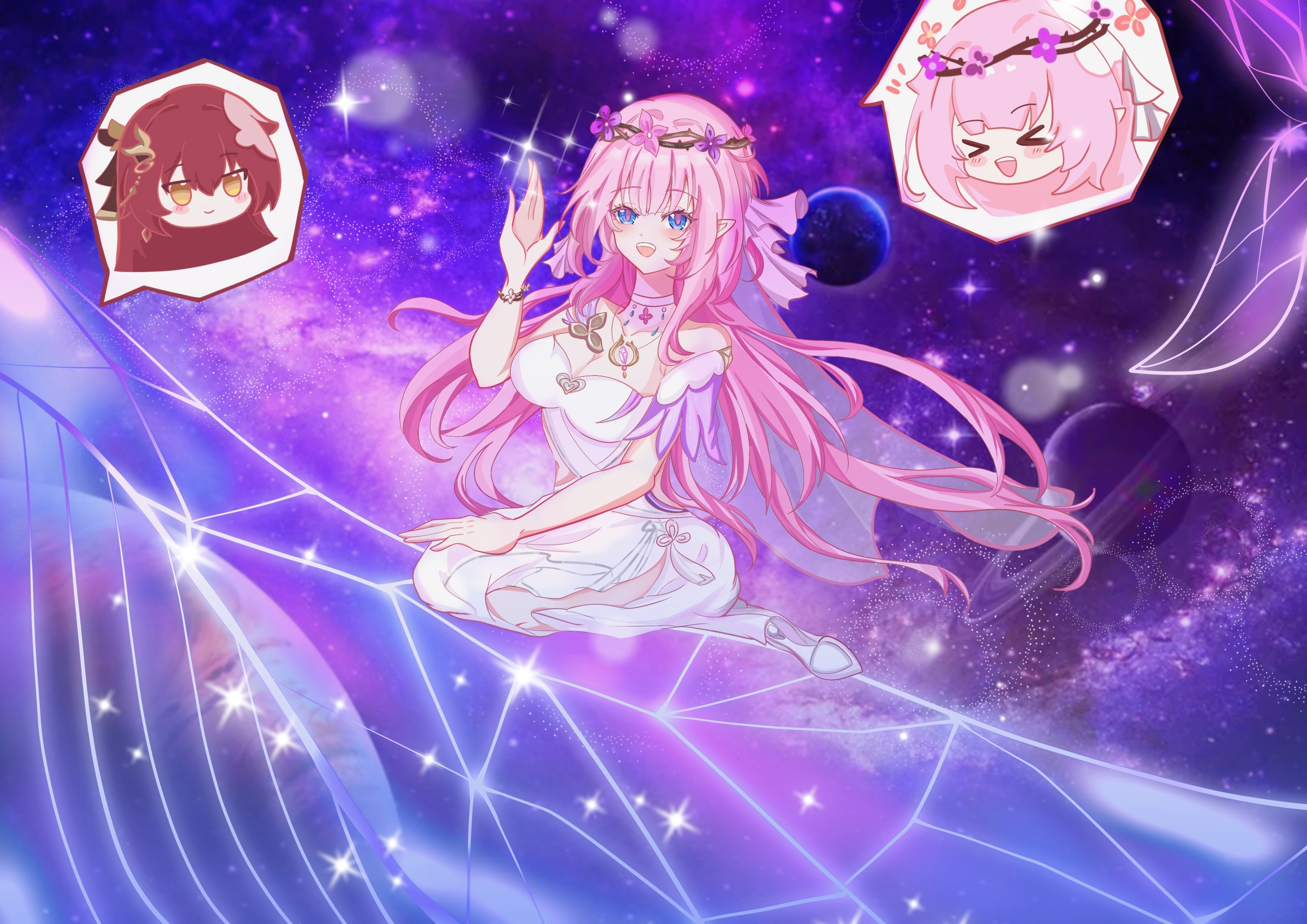 eden (honkai impact), elysia (honkai impact), honkai (series), honkai impact 3rd, absurdres, chinese commentary, commentary request, highres, > <, 2girls, blue eyes, breasts, brown hair, cleavage, crown of thorns, dress, large breasts, long hair, multiple girls, pink hair, planet, seiza, sitting, sky, smile, star (sky), starry sky, very long hair, white dress, zedbxl