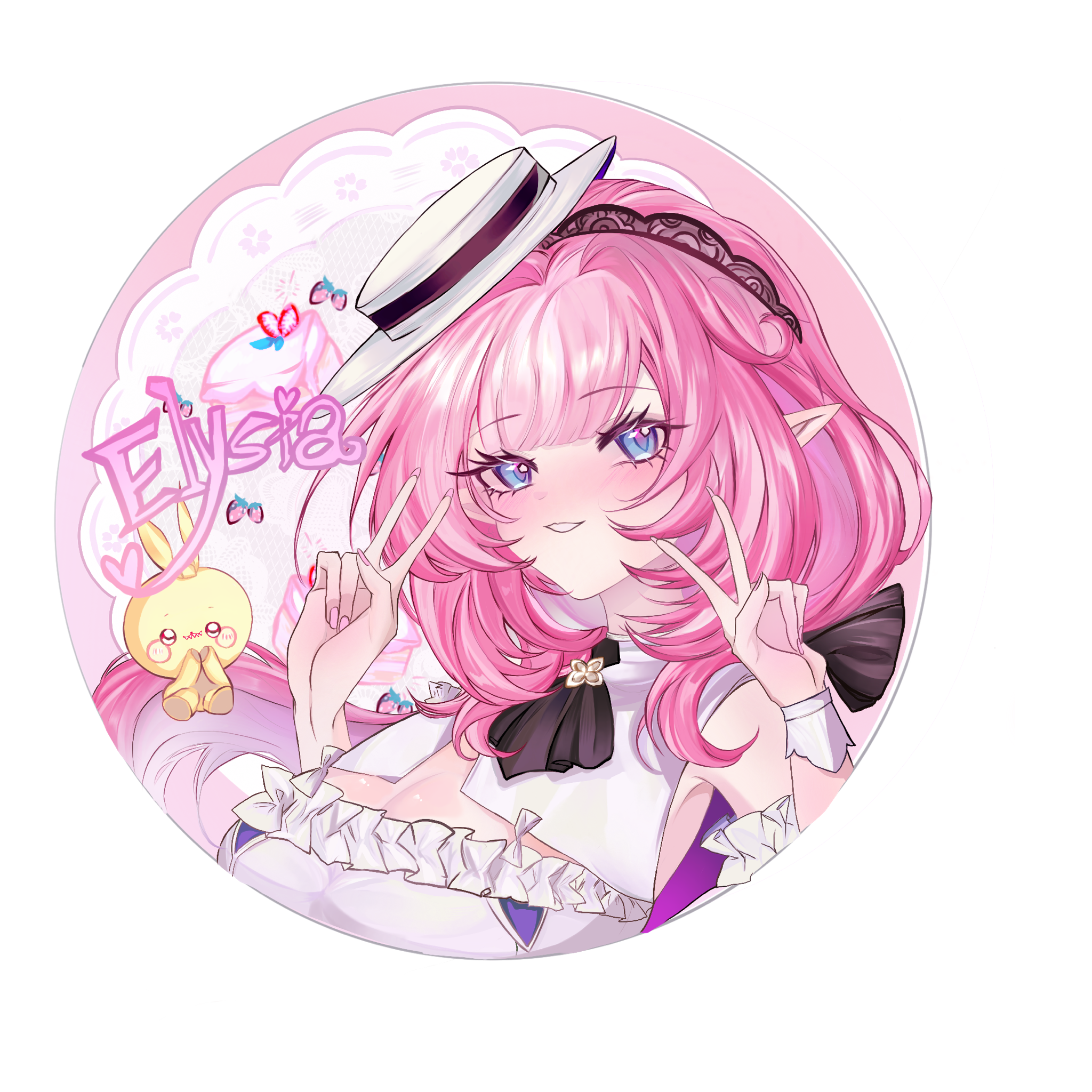 elysia (honkai impact), elysia (sweet memories) (honkai impact), honkai (series), honkai impact 3rd, chinese commentary, commentary request, highres, 1girl, blue eyes, breasts, character name, cleavage, double v, dress, elf, hat, large breasts, looking at viewer, official alternate costume, oval image, pink hair, pointy ears, rabbit, smile, solo, tilted headwear, transparent background, v, white dress, white hat, zedbxl