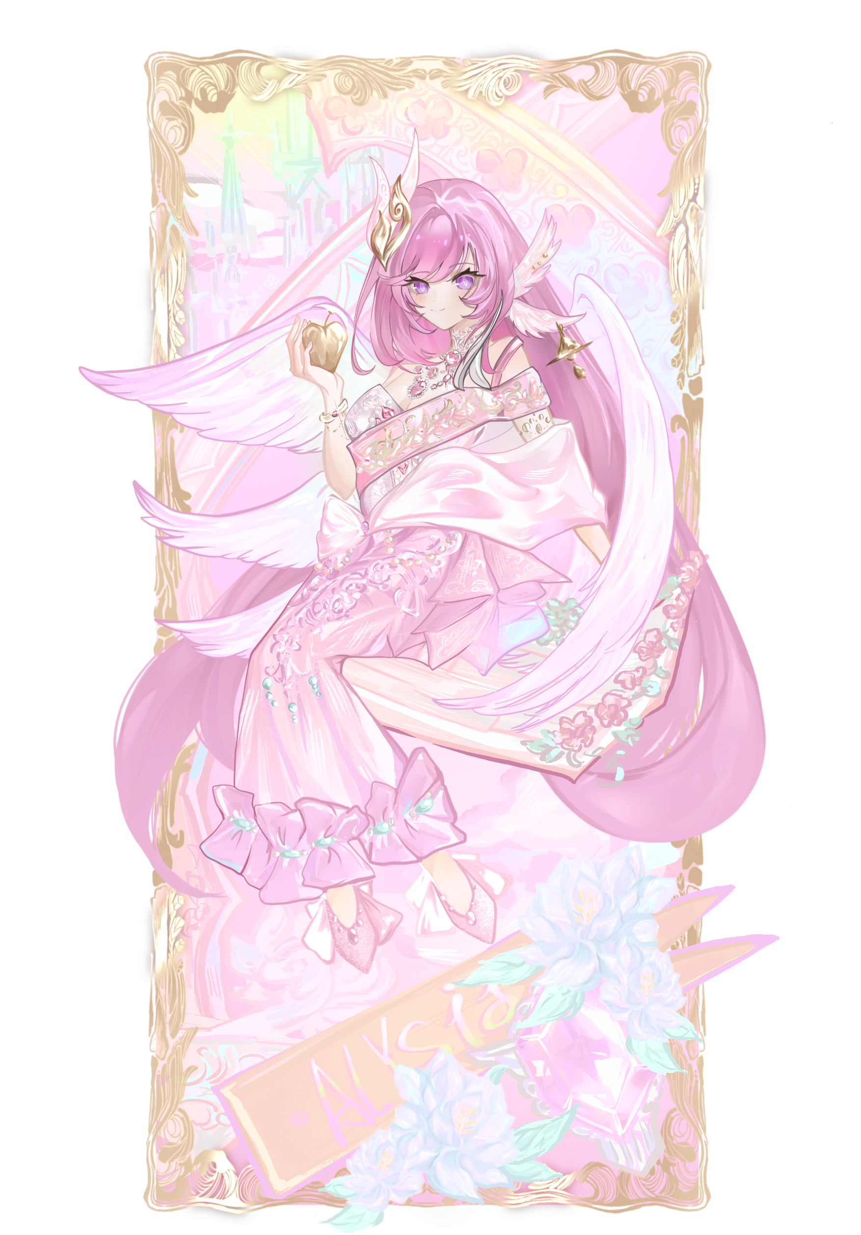 elysia (herrscher of human: ego) (honkai impact), elysia (honkai impact), honkai (series), honkai impact 3rd, absurdres, chinese commentary, commentary request, highres, 1girl, alternate costume, angel, angel wings, apple, breasts, cleavage, diamond-shaped pupils, diamond (shape), dress, food, fruit, golden apple, hair wings, high heels, holding, holding food, holding fruit, large breasts, long hair, looking at viewer, pink dress, pink hair, purple eyes, smile, solo, symbol-shaped pupils, transparent background, very long hair, wings, zedbxl