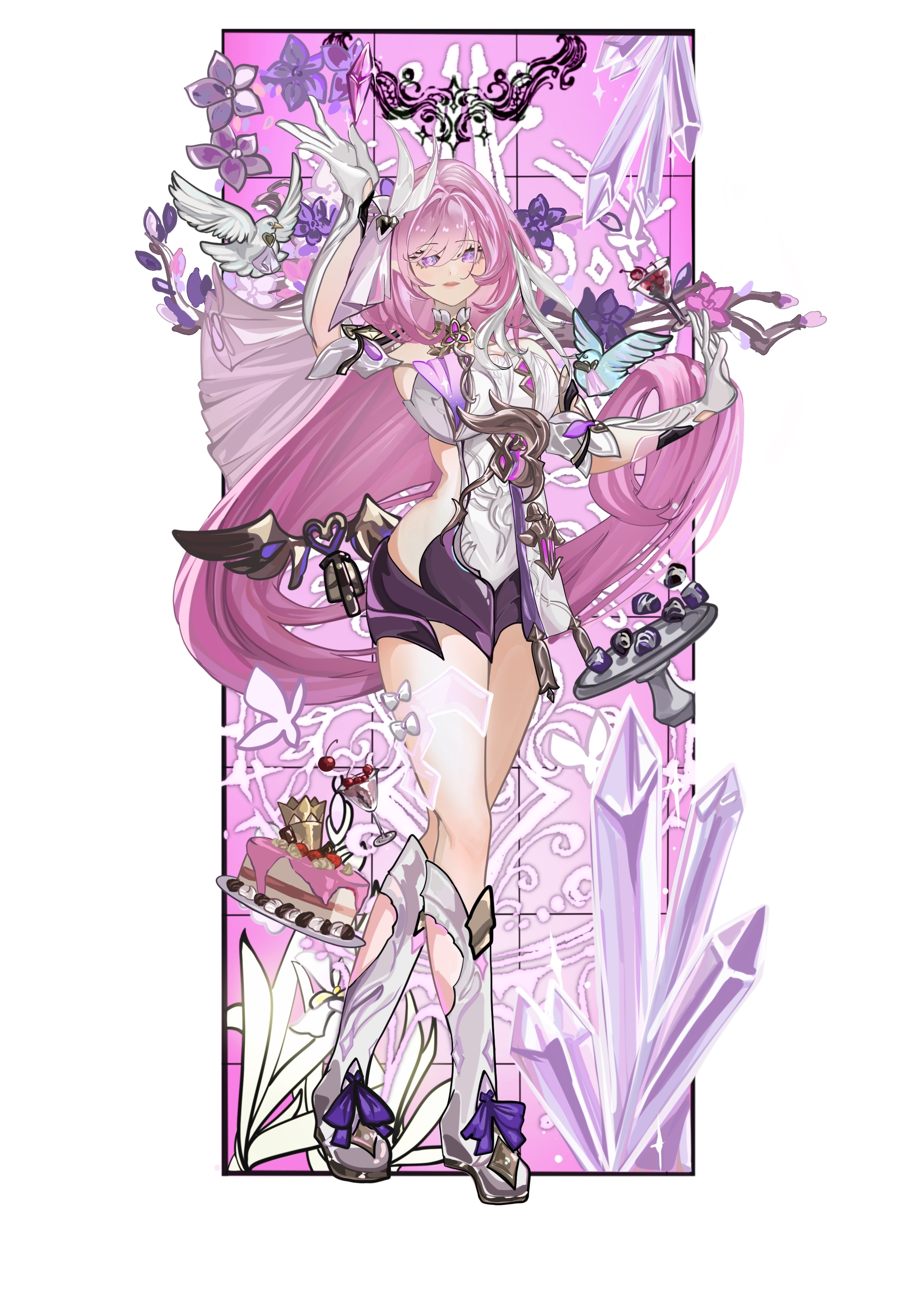 elysia (herrscher of human: ego) (honkai impact), elysia (honkai impact), honkai (series), honkai impact 3rd, absurdres, chinese commentary, commentary request, highres, 1girl, bell, bird, black shorts, boots, breasts, cherry, cocktail glass, corset, cup, diamond-shaped pupils, diamond (shape), dove, drinking glass, food, fruit, gloves, large breasts, long hair, pink hair, purple eyes, short shorts, shorts, simple background, solo, symbol-shaped pupils, thighs, veil, very long hair, white background, white boots, white corset, white gloves, white veil, zedbxl