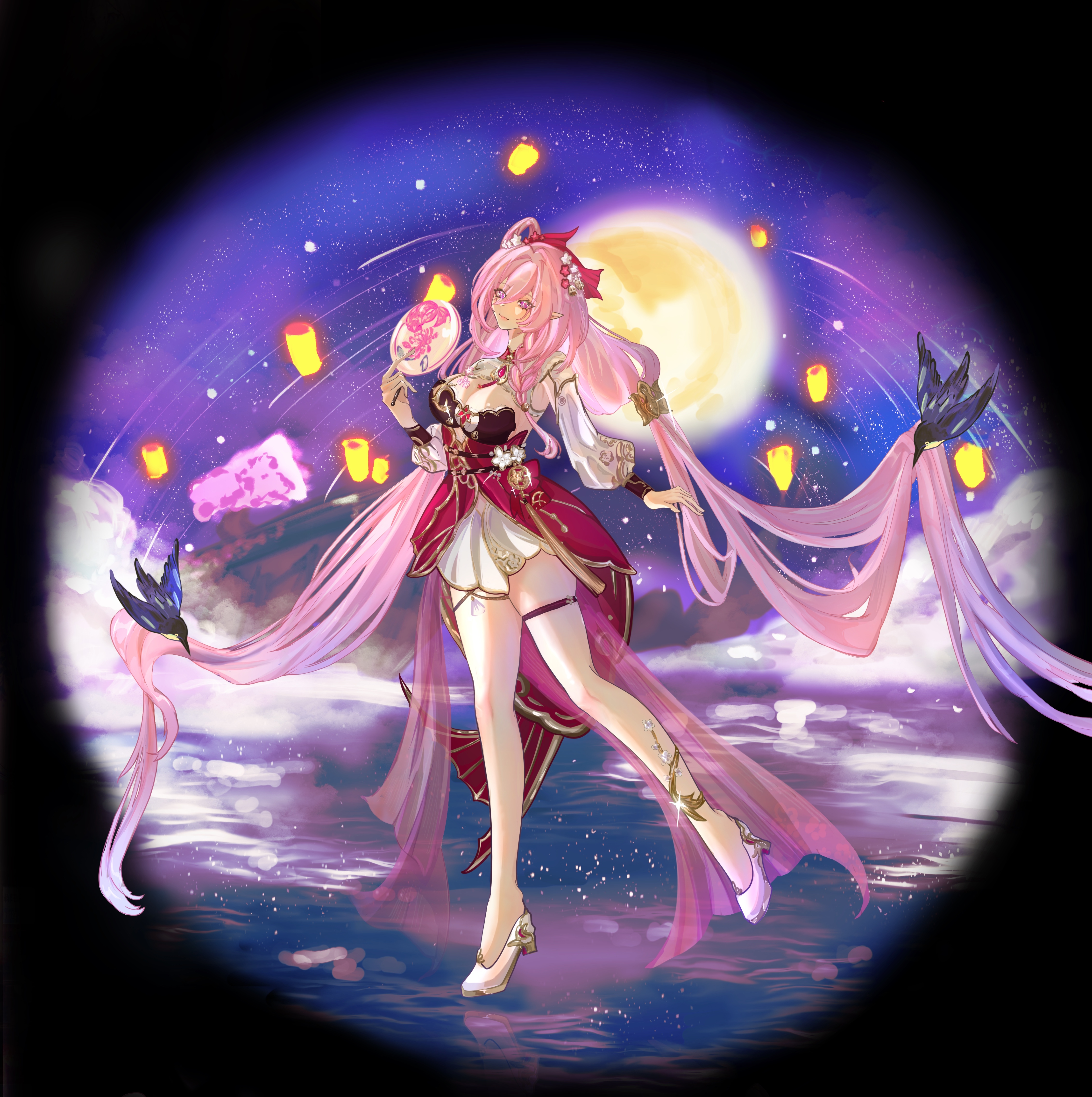 elysia (herrscher of human: ego) (honkai impact), elysia (honkai impact), elysia (peachy spring) (honkai impact), honkai (series), honkai impact 3rd, absurdres, chinese commentary, commentary request, highres, 1girl, diamond-shaped pupils, diamond (shape), dress, elf, flower, full body, full moon, hair flower, hair ornament, hand fan, high heels, holding, holding fan, long hair, moon, night, night sky, ocean, official alternate costume, pink hair, pointy ears, purple eyes, red dress, skindentation, sky, solo, symbol-shaped pupils, thigh strap, thighs, very long hair, zedbxl