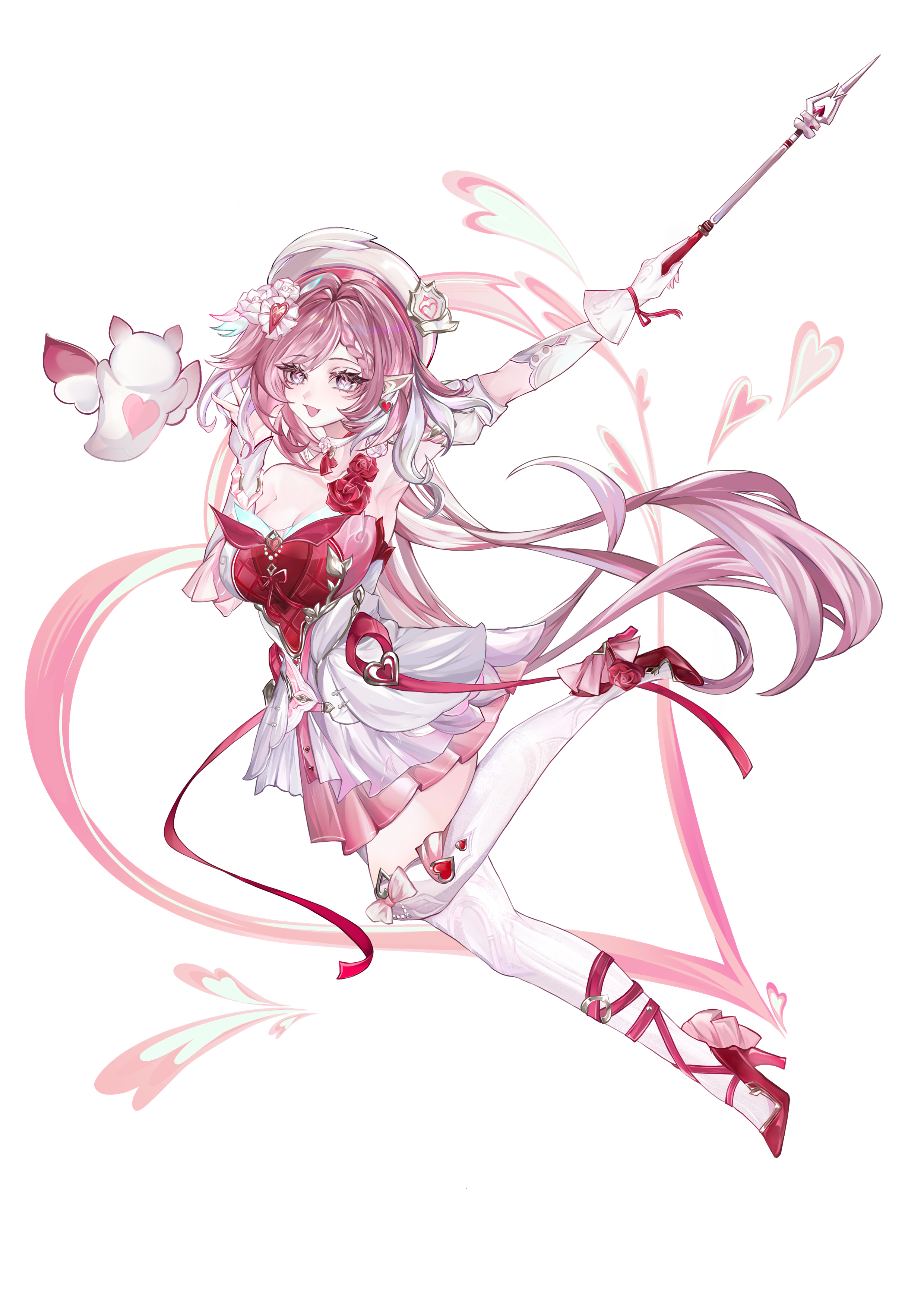 elysia (hi love elf) (honkai impact), elysia (honkai impact), honkai (series), honkai impact 3rd, absurdres, chinese commentary, commentary request, highres, 1girl, armpits, beret, breasts, cleavage, diamond-shaped pupils, diamond (shape), dress, elf, full body, gloves, hat, heart, high heels, holding, holding wand, large breasts, long hair, multicolored dress, pink dress, pink hair, pointy ears, purple eyes, red dress, smile, solo, symbol-shaped pupils, thighhighs, thighs, transparent background, very long hair, wand, white dress, white gloves, white thighhighs, zedbxl