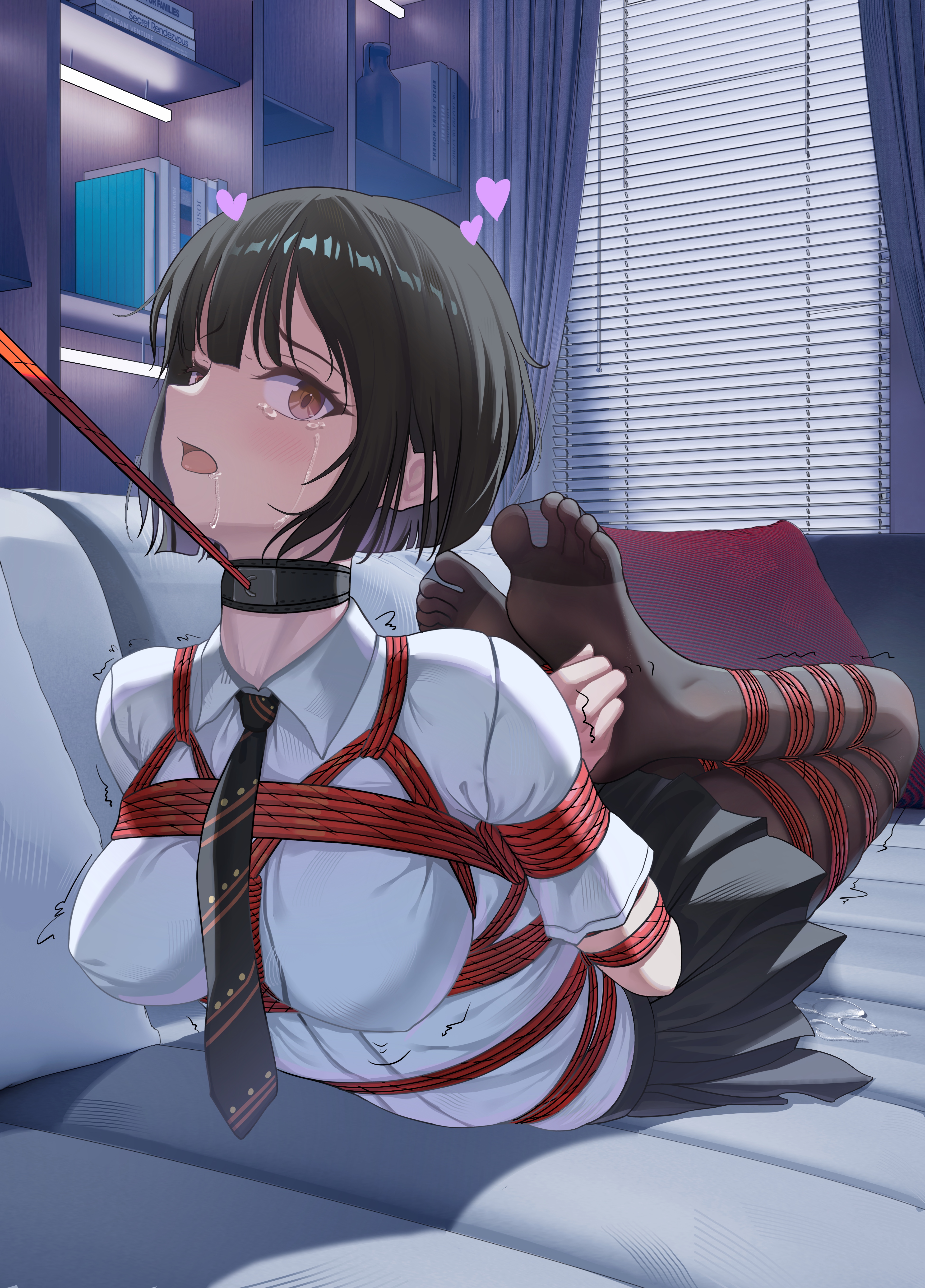 liangfangliangfangliang, hina saori (himitsu), original, absurdres, highres, variant set, 1girl, arms behind back, bdsm, black necktie, black pantyhose, black skirt, bondage, bookshelf, borrowed character, bound, bound arms, bound legs, breasts, brown eyes, brown hair, collar, heart, hogtie, leash, lying, medium breasts, necktie, on stomach, pantyhose, pillow, pussy juice, saliva, shibari, shibari over clothes, shirt, short hair, skirt, spoken heart, trembling, viewer holding leash, white shirt