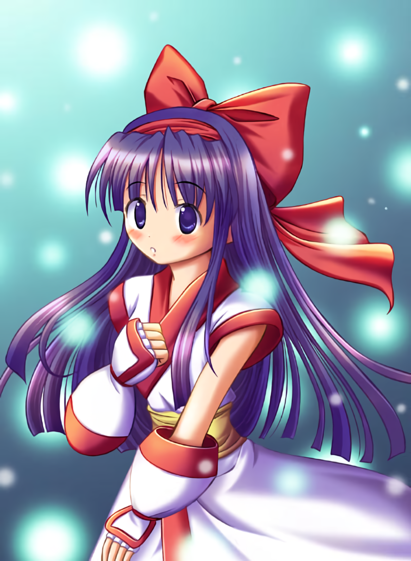 nakoruru, samurai spirits, snk, the king of fighters, highres, 1girl, ainu clothes, blush, breasts, clenched teeth, fingerless gloves, gloves, hair ribbon, hand on own chest, long hair, looking at viewer, medium breasts, parted lips, purple eyes, purple hair, ribbon, solo, teeth