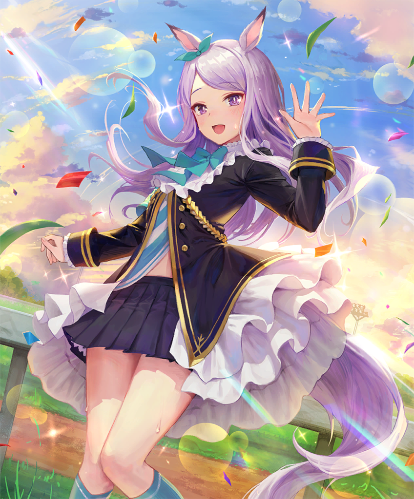 mejiro mcqueen (frontline elegance) (umamusume), mejiro mcqueen (umamusume), shadowverse, umamusume, absurdres, game cg, highres, official art, 1girl, animal ears, arm up, black jacket, black skirt, blush, bow, breasts, cloud, collar, dot nose, ear ribbon, female focus, flat color, frilled collar, frilled jacket, frilled skirt, frills, green bow, green ribbon, green socks, horse ears, horse girl, horse tail, jacket, juliet sleeves, layered skirt, legs, long hair, long sleeves, looking at viewer, midriff, miniskirt, navel, open mouth, outdoors, pleated skirt, puffy long sleeves, puffy sleeves, purple eyes, purple hair, purple tail, ribbon, sexually suggestive, skirt, sky, small breasts, smile, socks, solo, solo focus, stomach, sunlight, sweat, sweatdrop, tail, thighs