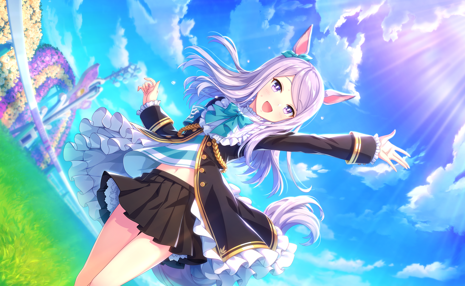 mejiro mcqueen (frontline elegance) (umamusume), mejiro mcqueen (umamusume), umamusume, absurdres, game cg, highres, official art, 1girl, animal ears, arm up, black jacket, black skirt, blush, bow, breasts, cloud, collar, dot nose, ear ribbon, female focus, flat color, frilled collar, frilled jacket, frilled skirt, frills, green bow, green ribbon, horse ears, horse girl, horse tail, jacket, juliet sleeves, layered skirt, legs, long hair, long sleeves, looking at viewer, midriff, miniskirt, navel, open mouth, outdoors, pleated skirt, puffy long sleeves, puffy sleeves, purple eyes, purple hair, purple tail, ribbon, sexually suggestive, skirt, sky, small breasts, smile, solo, solo focus, stomach, sunlight, sweat, sweatdrop, tail, thighs