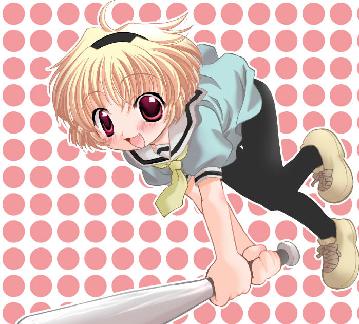 watanabe sumiko, houjou satoko, higurashi no naku koro ni, non-web source, 00s, 1girl, baseball bat, blonde hair, blush, dress, fang, female focus, hairband, pantyhose, red eyes, sailor dress, short hair, solo