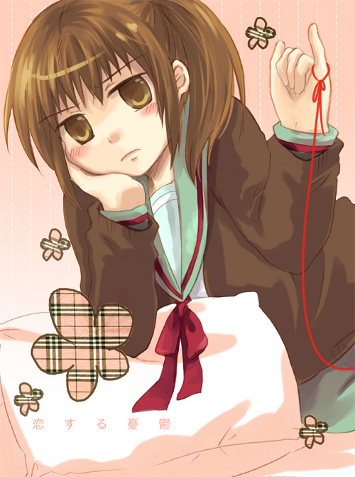 yanazuki, yayu, kyonko, suzumiya haruhi no yuuutsu, bad id, bad pixiv id, gender request, 00s, 1girl, bed, blush, female focus, genderswap, ponytail, solo