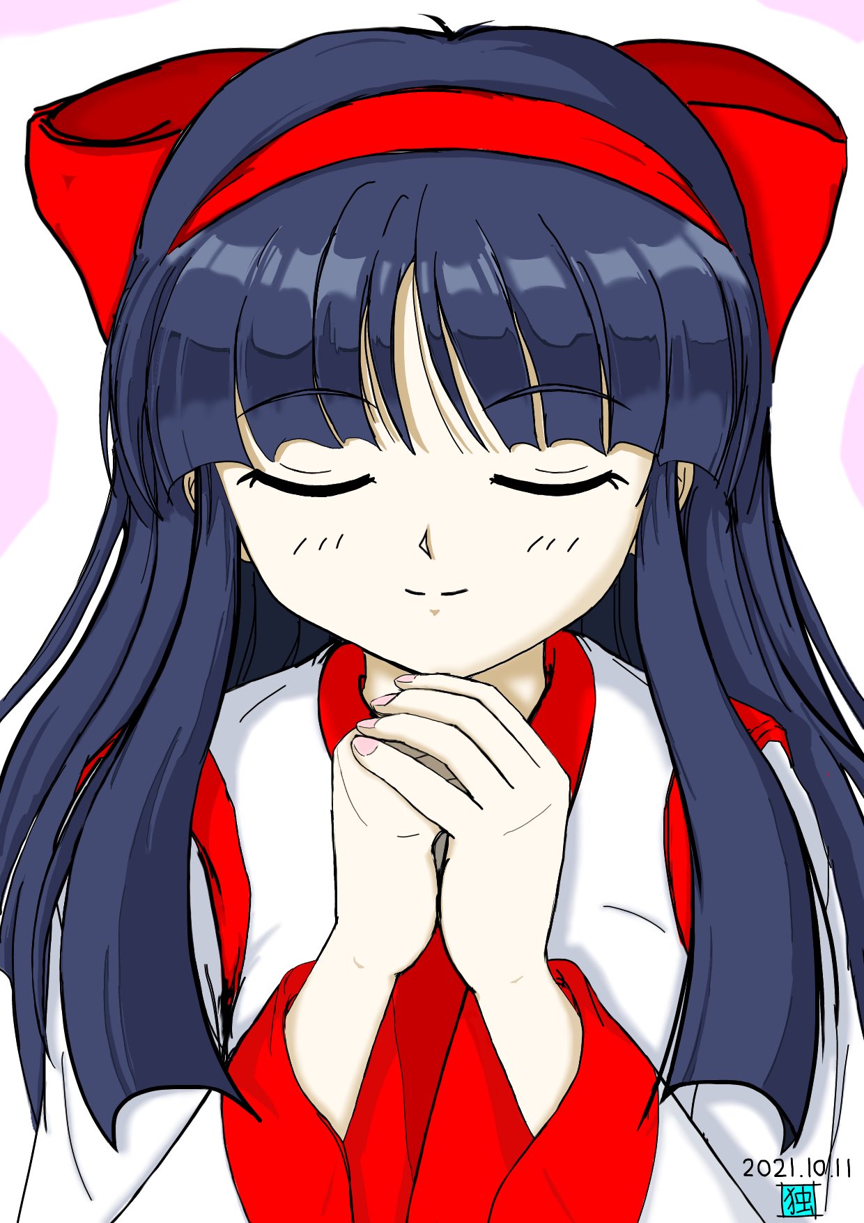 nakoruru, samurai spirits, snk, the king of fighters, highres, 1girl, ainu clothes, alternate costume, artist name, blue eyes, closed eyes, dated, hair ribbon, long hair, own hands together, praying, ribbon, smile, solo