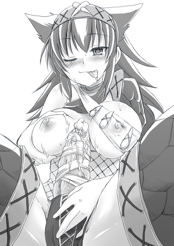 pochi (pochi-goya), capcom, monster hunter (series), bad id, bad pixiv id, 1futa, bandages, breasts, cum, ejaculation, from below, futanari, greyscale, monochrome, nargacuga (armor), penis, pov, saliva, solo, spread legs, thighhighs, tongue