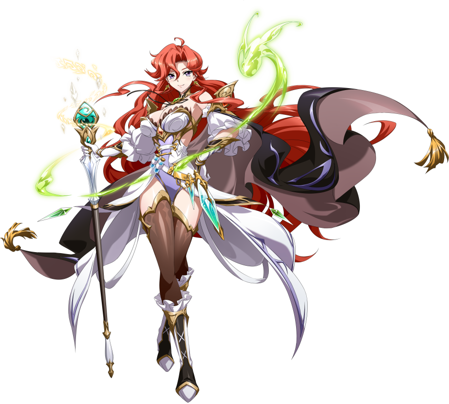 langrisser, langrisser mobile, game cg, official art, third-party source, 1girl, arm guards, armor, belt, black boots, black cape, bolo tie, boots, breasts, brooch, brown thighhighs, cape, celica (langrisser), cleavage, closed mouth, crossed legs, crystal, curtained hair, detached sleeves, earrings, energy, floating cape, floating clothes, floating hair, frilled boots, frills, full body, gem, gloves, gold earrings, green gemstone, holding, holding staff, holding weapon, jewelry, knee boots, large breasts, leotard, long hair, long sidelocks, looking at viewer, mage staff, magic, multicolored boots, puffy sleeves, purple leotard, red hair, rerebrace, sidelocks, simple background, smile, solo, staff, standing, tachi-e, tassel, thighhighs, transparent background, two-tone cape, vambraces, very long hair, vial, waist cape, weapon, white boots, white gloves, wide sleeves