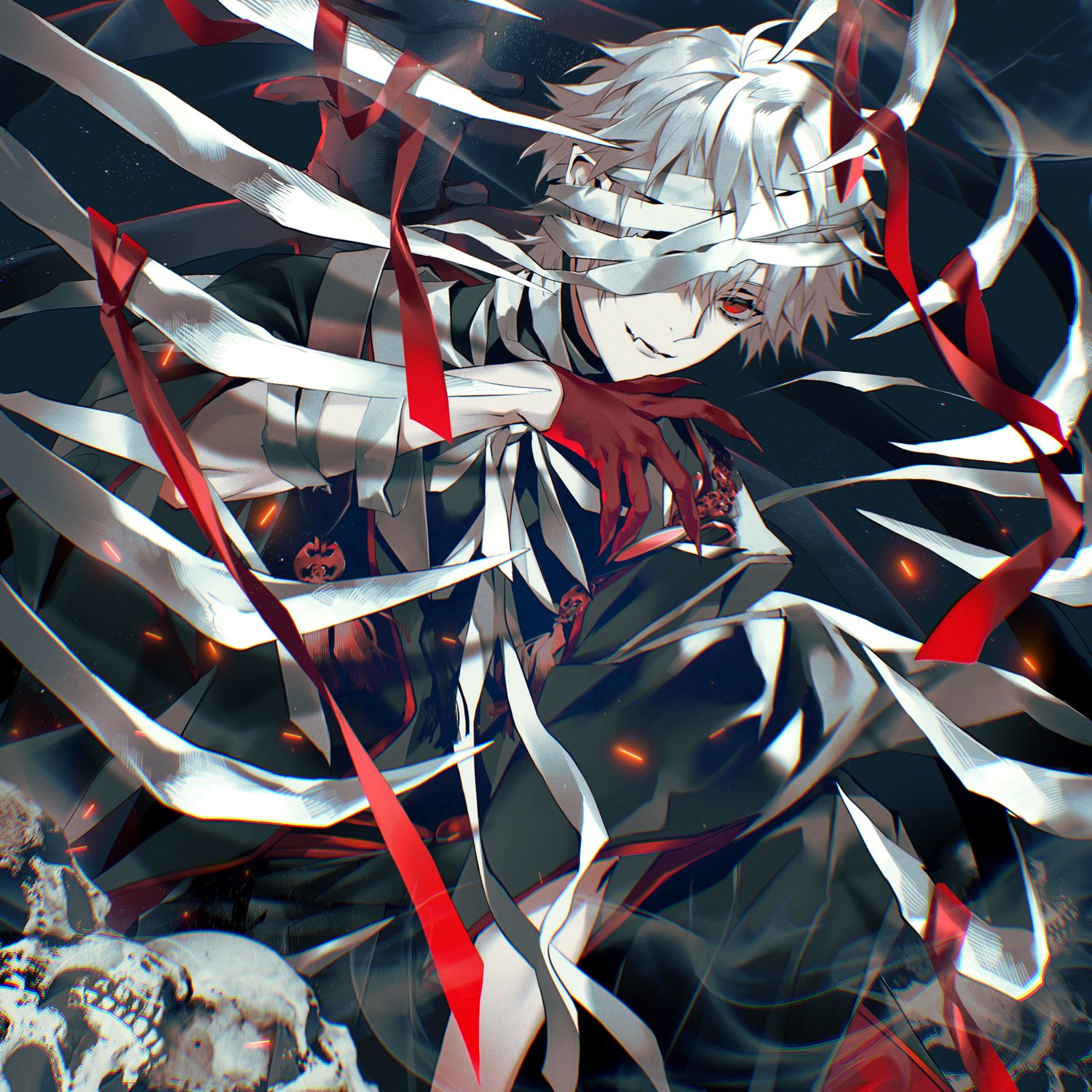 akke (akke299), kuzuha (nijisanji), nijisanji, highres, 1boy, ahoge, bandage over one eye, bandaged head, bandaged neck, bandages, black kimono, black pants, bone, closed mouth, fang, fang out, fingernails, giant skeleton, gloves, grey hair, hand up, japanese clothes, jewelry, kimono, looking at viewer, male focus, one eye covered, pants, parted lips, pointy ears, red eyes, red gloves, red ribbon, red sash, ribbon, sash, sharp fingernails, short hair, sitting, skeleton, skull, smile, smoke, solo, tassel, virtual youtuber, white hair, wide sleeves