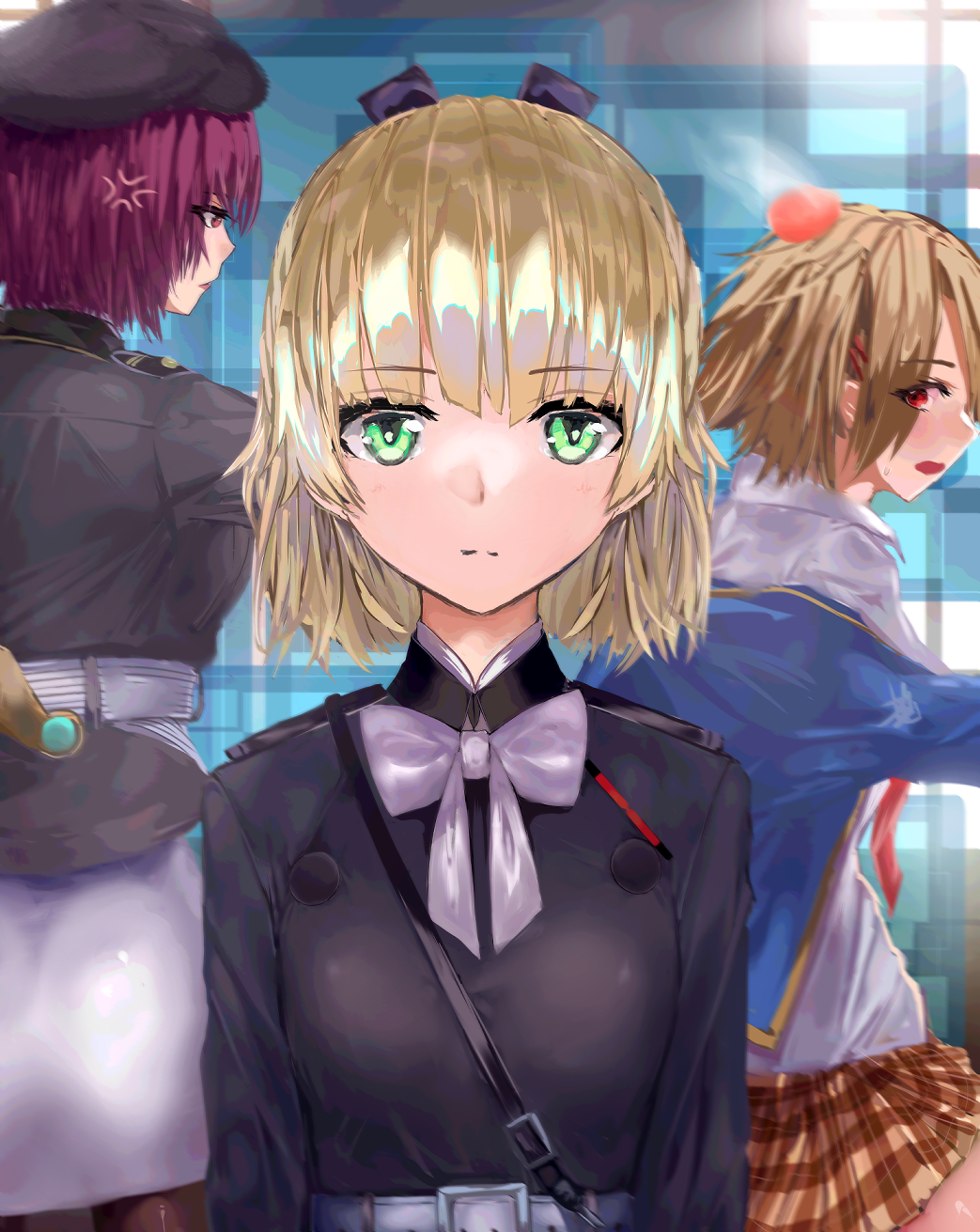 fuuka koji, kayamori ruka, nanase nanami (heaven burns red), tezuka saki, heaven burns red, highres, 3girls, anger vein, angry, ass, belt, beret, black bow, black jacket, black shirt, blonde hair, blue jacket, blush, bow, bowtie, braid, breasts, brown hair, brown skirt, closed mouth, collared shirt, from behind, green eyes, grey belt, grey bow, gun, hair bow, hair ornament, hairclip, hat, head bump, jacket, long hair, long sleeves, looking at viewer, looking back, medium hair, military, military jacket, military uniform, miniskirt, multiple girls, necktie, open clothes, open jacket, open mouth, pantyhose, pencil skirt, plaid clothes, plaid skirt, pleated skirt, purple hair, red eyes, red hair, red necktie, ribbon, school uniform, shirt, short hair, sidelocks, skirt, small breasts, standing, upper body, weapon, white belt, white bow, white ribbon, white shirt, white skirt