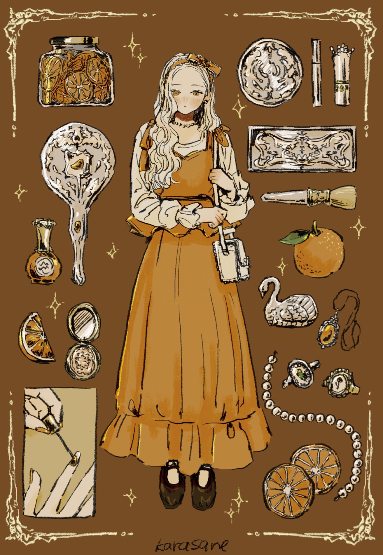 karasane03, original, commentary, highres, symbol-only commentary, 1girl, applying manicure, artist name, bag, bird, black shoes, blonde hair, blush, bottle, bow, brown background, closed mouth, dress, earrings, food, fruit, full body, hairband, jewelry, lipstick, long hair, long sleeves, makeup, makeup brush, mirror, nail polish, necklace, orange (fruit), orange dress, orange eyes, orange nails, orange slice, pearl necklace, perfume bottle, ring, shoes, shoulder bag, simple background, solo, sparkle, swan, white bag
