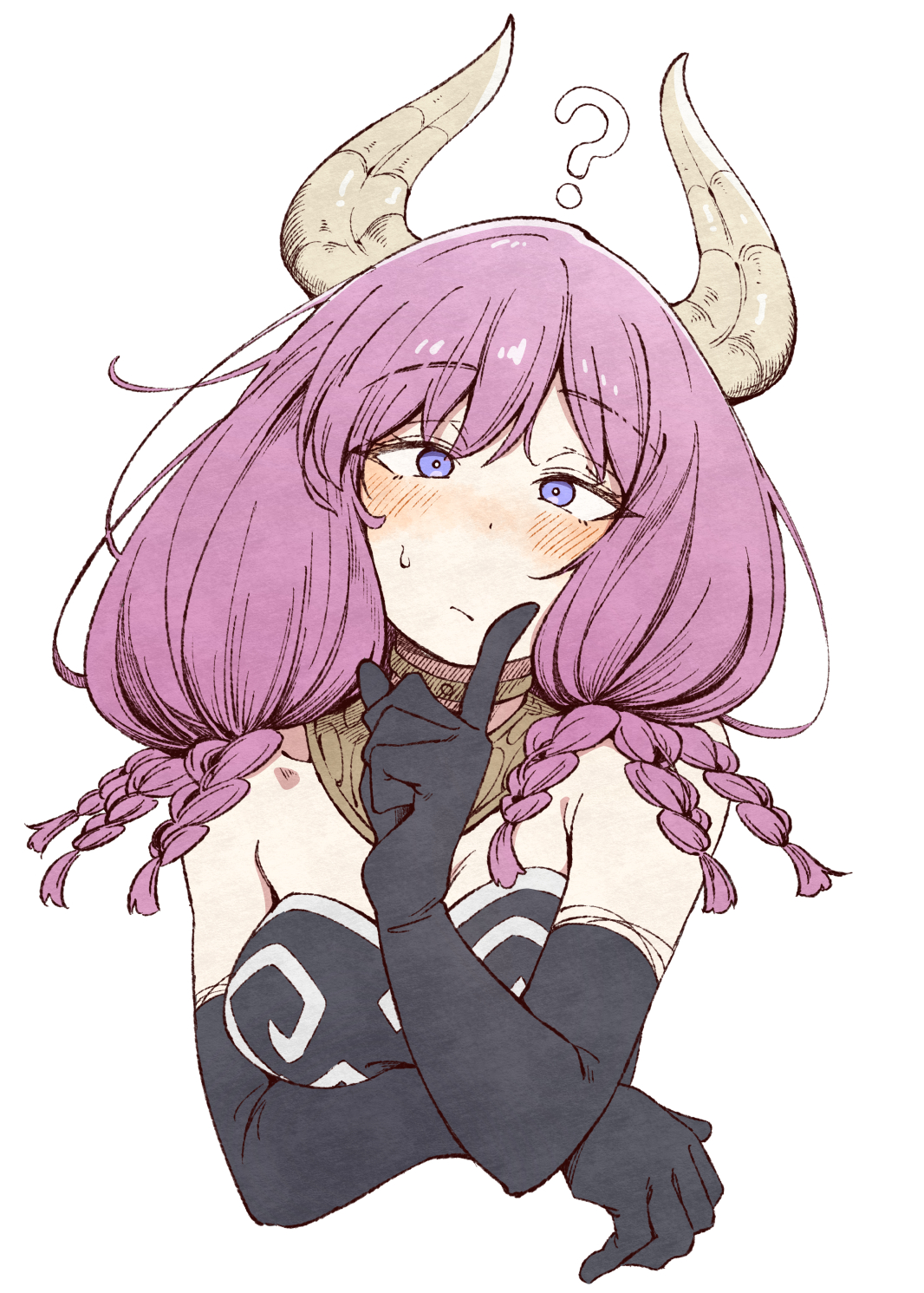 eitopondo, aura (sousou no frieren), sousou no frieren, highres, 1girl, ?, bare shoulders, black gloves, blue eyes, blush, breasts, cleavage, closed mouth, demon girl, demon horns, gloves, horns, looking at viewer, medium breasts, simple background, solo, upper body, white background