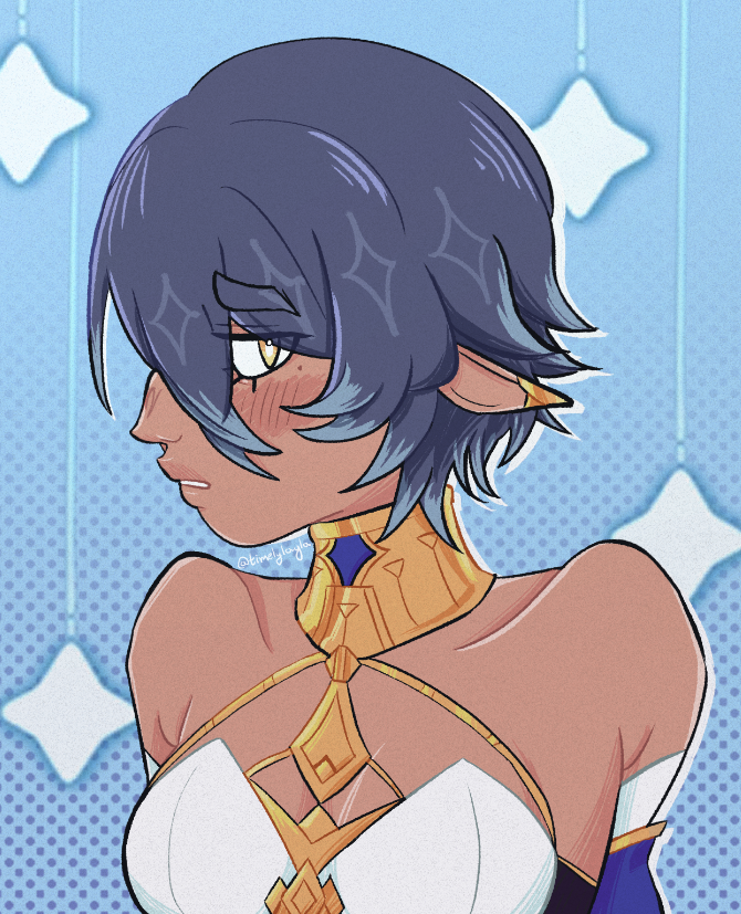 layla (genshin impact), genshin impact, commentary, english commentary, 1girl, alternate hair length, alternate hairstyle, alternate skin color, bare shoulders, blue background, blue hair, breasts, dark-skinned female, dark skin, halftone, halftone background, halterneck, jewelry, looking at viewer, medium breasts, neck ring, nightly layla, parted lips, pointy ears, short hair, solo, upper body, yellow eyes