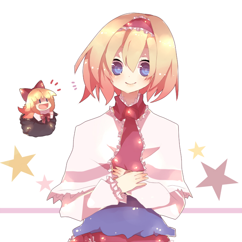 yuhiko, alice margatroid, shanghai doll, touhou, bad id, bad pixiv id, 2girls, blonde hair, blue eyes, doll, female focus, hairband, multiple girls, ribbon, short hair, solo, standing, star (symbol), upper body, white background