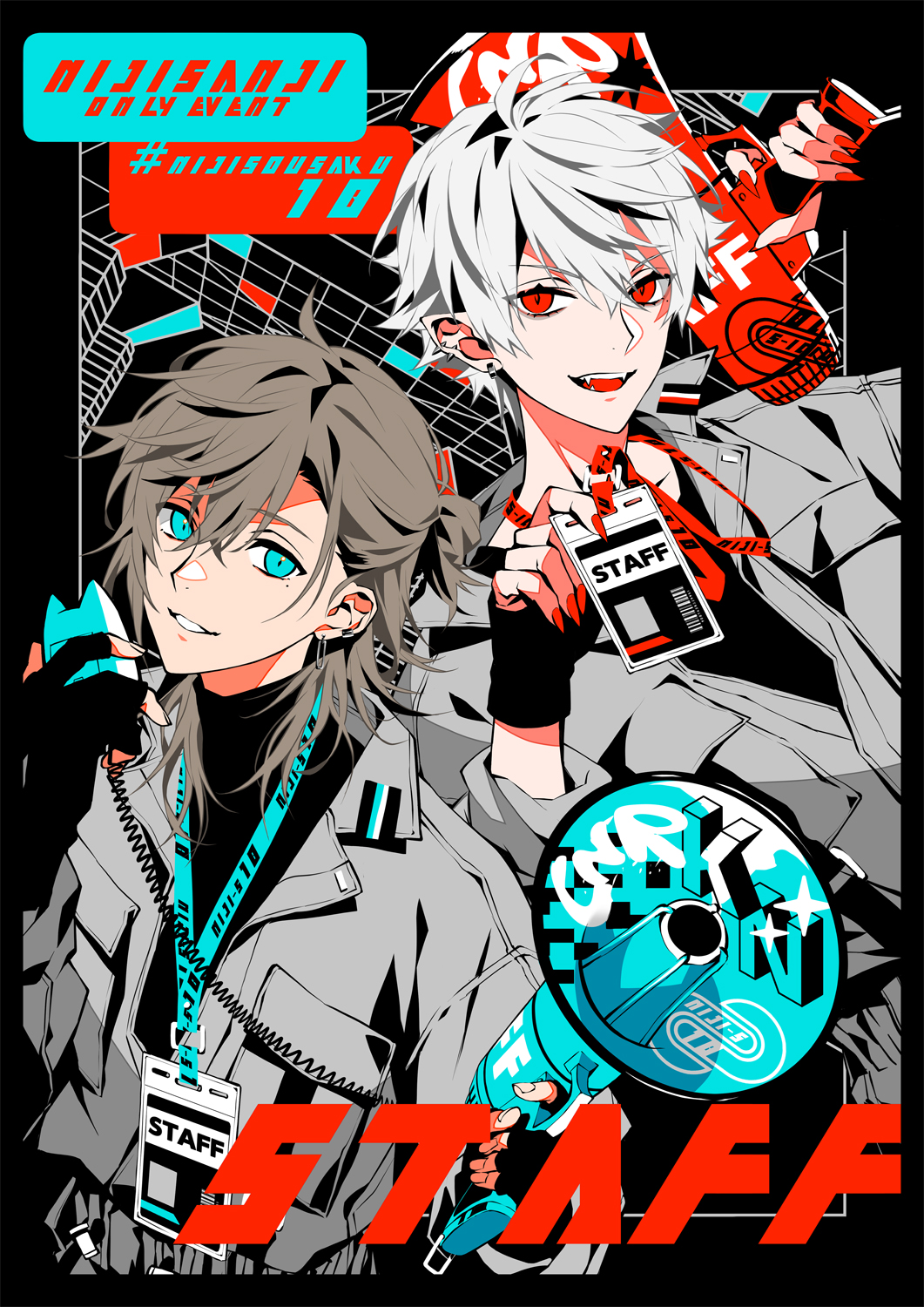 akke (akke299), kanae (nijisanji), kuzuha (nijisanji), nijisanji, highres, 2boys, :d, ahoge, aqua eyes, black border, black gloves, black shirt, border, brown hair, collared shirt, cover, ear piercing, earrings, english text, fake cover, fangs, fingerless gloves, fingernails, gloves, grey jacket, hair between eyes, half updo, hand up, holding, holding id card, holding megaphone, holding walkie-talkie, id card, jacket, jewelry, lanyard, limited palette, long fingernails, long sleeves, looking at viewer, male focus, megaphone, mole, mole under eye, multiple boys, nail polish, necklace, necktie, open clothes, open jacket, open mouth, parted lips, piercing, pointy ears, ponytail, red eyes, red gloves, red nails, sharp fingernails, shirt, short hair, short ponytail, smile, teeth, turtleneck, upper body, virtual youtuber, walkie-talkie, white hair