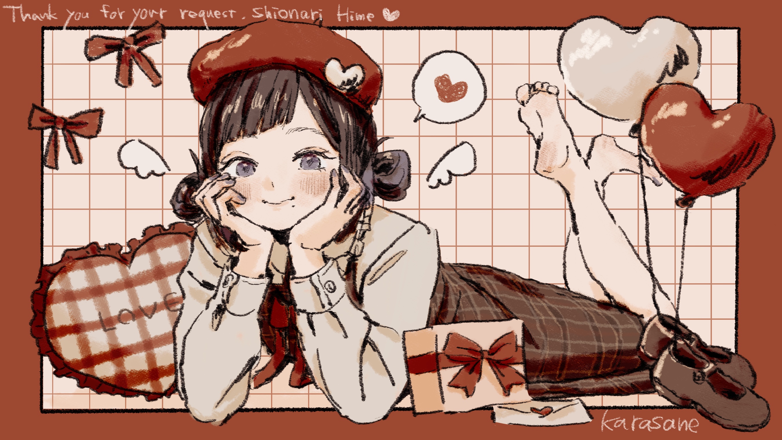 karasane03, original, commentary, commission, highres, skeb commission, 1girl, artist name, balloon, barefoot, beret, black hair, border, bow, box, diagonal bangs, double bun, dress, english text, full body, gift, gingham, grey eyes, grey nails, hair bun, hat, head on hands, heart, heart balloon, letter, long sleeves, looking at viewer, love letter, lying, mary janes, mole, mole under mouth, nail polish, on stomach, plaid clothes, plaid dress, red border, shoes, short hair, soles, solo, spoken heart, the pose, white wings, wings
