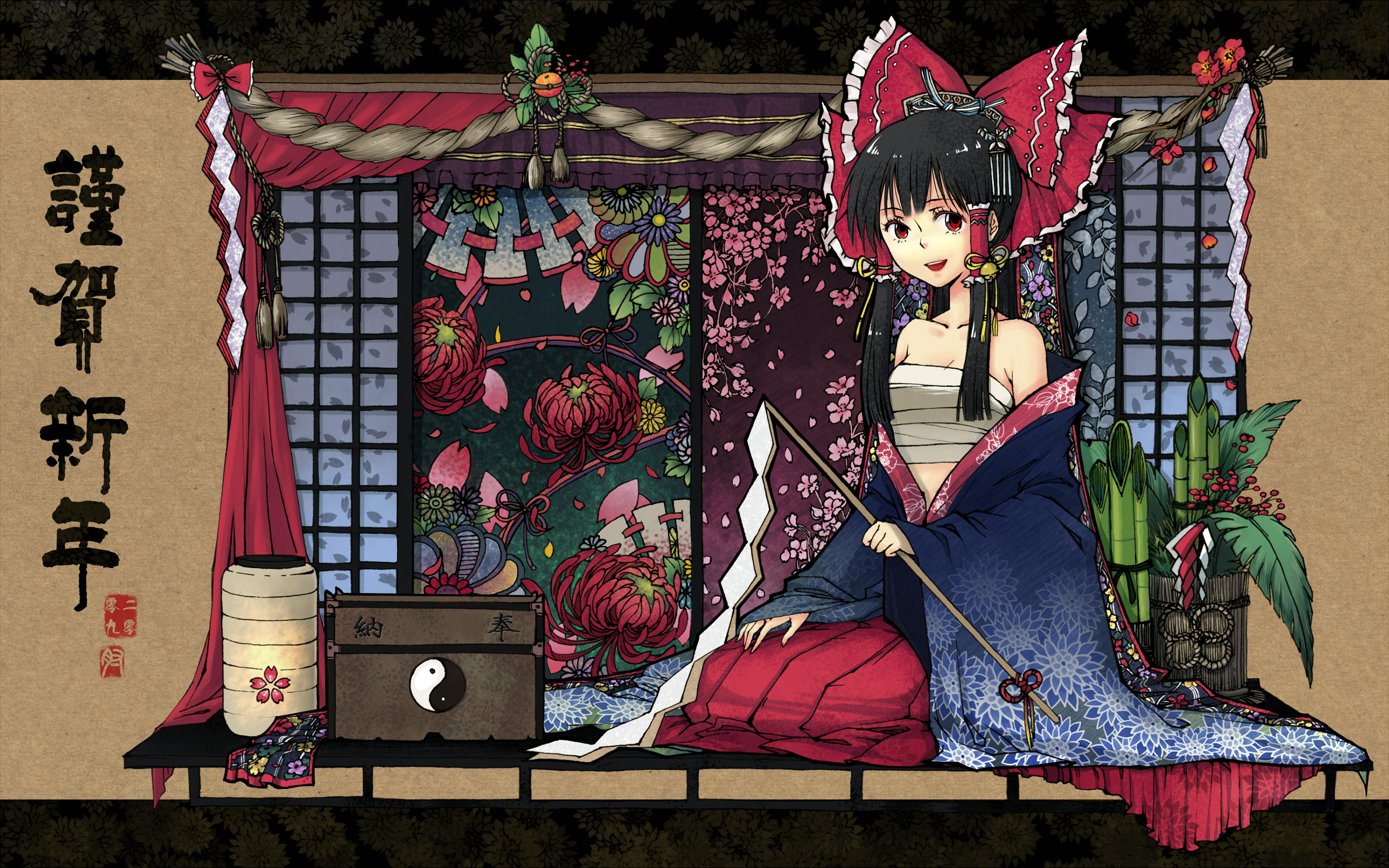 kieta, hakurei reimu, touhou, highres, 00s, 1girl, 2009, bell, black hair, box, chest sarashi, christmas, chrysanthemum, chrysanthemum print, daisy (flower), donation box, female focus, floral print, flower, gohei, japanese clothes, kimono, lantern, long hair, miko, nengajou, new year, paper lantern, red eyes, ribbon, sarashi, solo