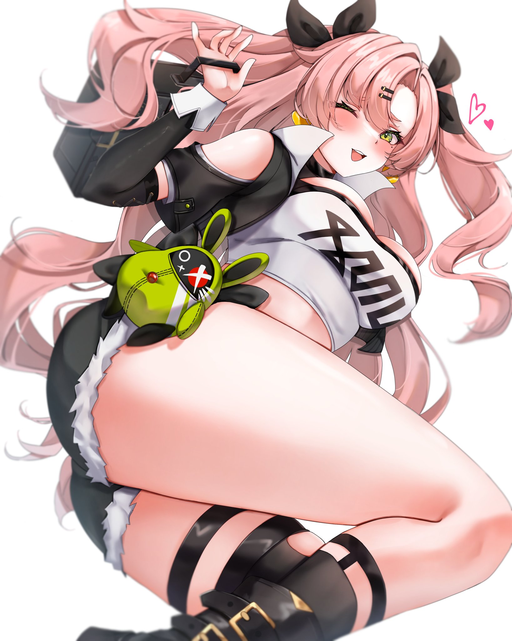 amillion (zenless zone zero), bangboo (zenless zone zero), nicole demara, zenless zone zero, hashtag-only commentary, highres, 1girl, bag, black bag, black jacket, black ribbon, black shorts, blush, breasts, cowboy shot, cropped shirt, detached sleeves, green eyes, hair ornament, hair ribbon, hairclip, hand up, heart, holding, holding bag, jacket, large breasts, legs, long hair, looking at viewer, one eye closed, open clothes, open jacket, open mouth, parallel hairclips, parted bangs, pink hair, ribbon, riria mona1, shirt, short shorts, shorts, simple background, solo, stuffed toy, thigh strap, thighs, two side up, white background, white shirt
