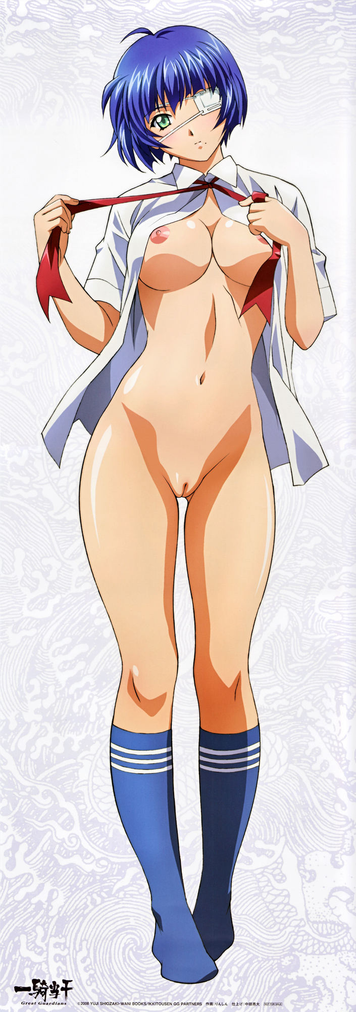 rin-sin, ryomou shimei, ikkitousen, ikkitousen great guardians, highres, long image, nude filter, tall image, third-party edit, 00s, 1girl, ahoge, areola slip, blouse, blue hair, blue socks, breasts, collared shirt, copyright name, eyepatch, female focus, full body, gradient background, head tilt, kneehighs, nipple slip, nipples, no bra, open clothes, open shirt, shirt, socks, solo, standing, uncensored, white background, white shirt