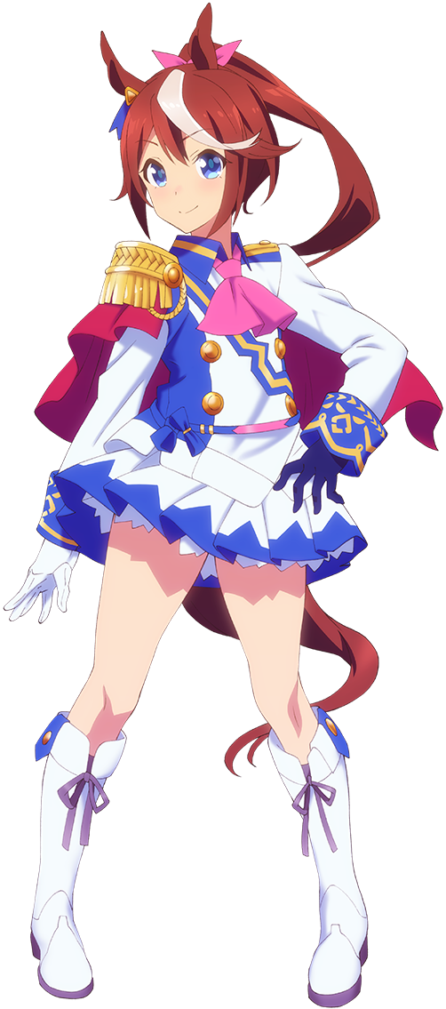tokai teio (peak joy) (umamusume), tokai teio (umamusume), umamusume, highres, official art, 1girl, animal ears, ascot, blue eyes, blue gloves, blue ribbon, boots, bow, brown hair, brown tail, cape, closed mouth, collared jacket, collared shirt, dot nose, ear ornament, ear ribbon, epaulettes, female focus, full body, gloves, hair bow, hand on own hip, horse ears, horse girl, horse tail, jacket, lace-up boots, layered skirt, legs, long hair, long sleeves, looking at viewer, military uniform, miniskirt, multicolored hair, pink ascot, pink bow, pleated skirt, ponytail, red cape, ribbon, shirt, skirt, smile, solo, solo focus, streaked hair, tail, thighs, two-tone hair, white boots, white gloves, white skirt, white streaks