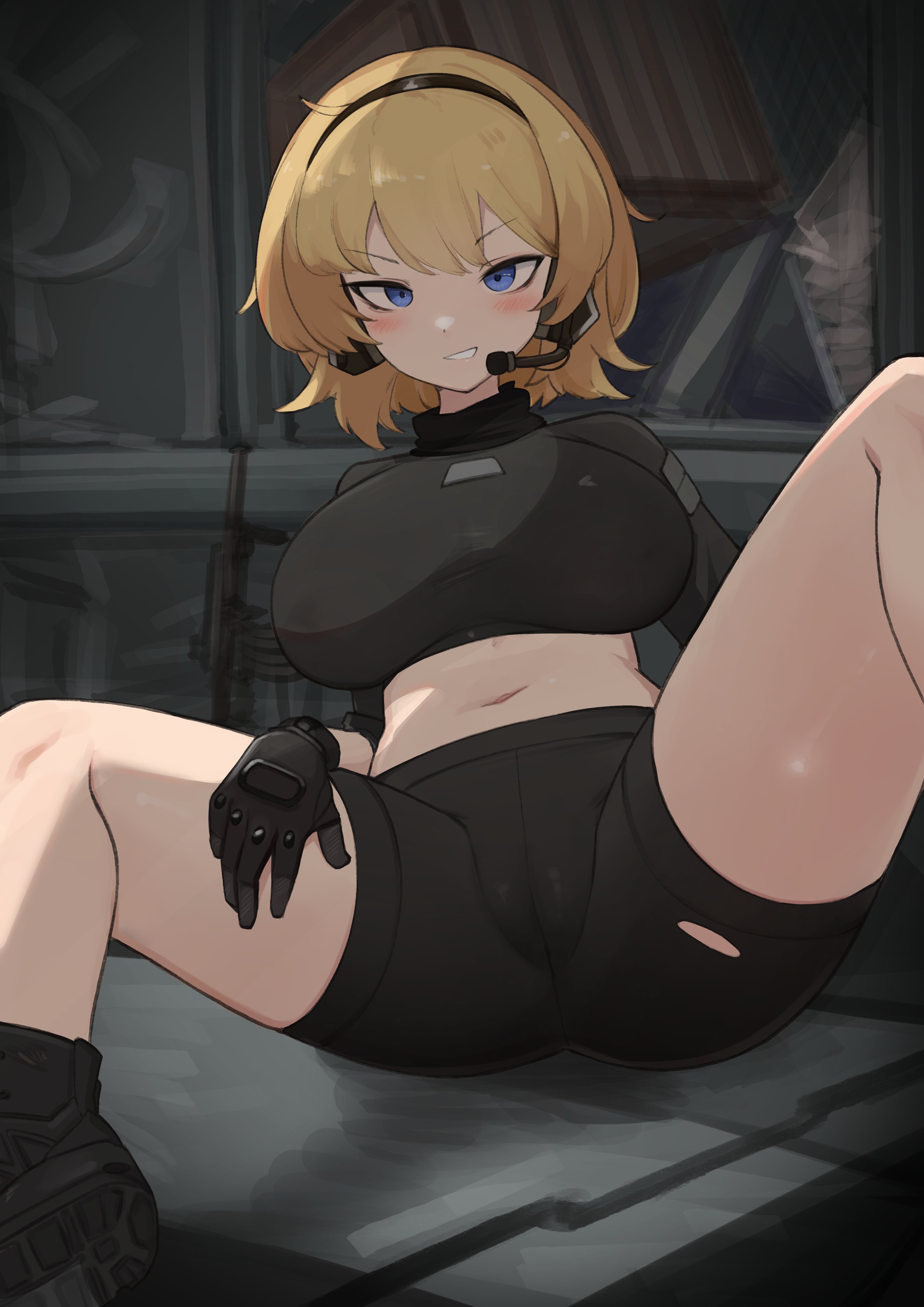 daebom, original, absurdres, highres, 1girl, bike shorts, black boots, black gloves, black shirt, black shorts, blue eyes, blush, boots, breasts, collared shirt, gloves, grin, gun, headset, impossible clothes, impossible shirt, large breasts, long sleeves, looking at viewer, microphone, midriff, navel, pussy, rifle, shirt, short hair, shorts, sitting, smile, solo, spread legs, stomach, tactical clothes, tented shirt, thighhighs, thighs, torn, torn clothes, torn shorts, weapon, white hair
