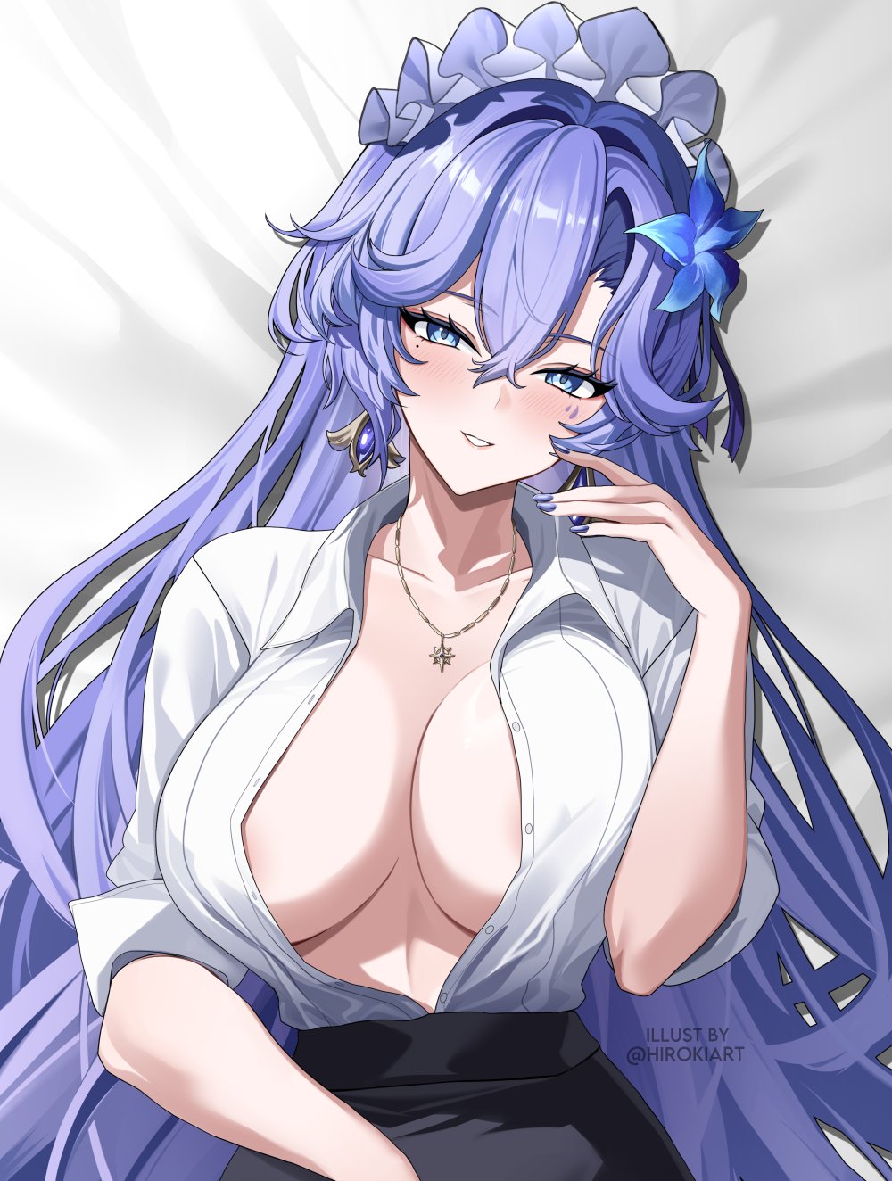 hiroki (hirokiart), cantarella (wuthering waves), wuthering waves, commentary, english commentary, highres, 1girl, alternate costume, black skirt, blue eyes, blue flower, blush, breasts, collarbone, collared shirt, facial mark, fingernails, flower, hair between eyes, hair flower, hair ornament, hand up, headdress, jewelry, large breasts, long hair, looking at viewer, mark under eye, mole, mole under eye, nail polish, necklace, office lady, parted lips, purple hair, purple nails, shirt, shirt tucked in, skirt, smile, solo, twitter username, unbuttoned, white shirt