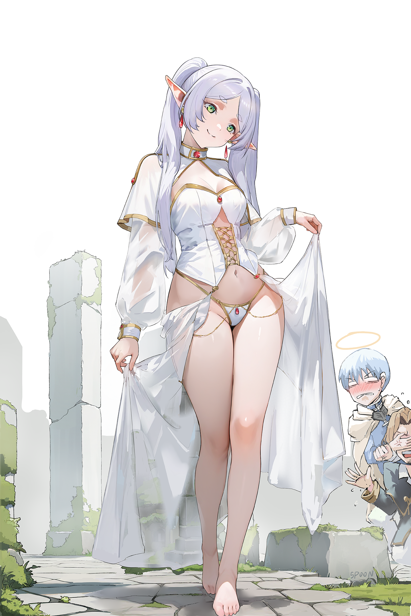 tiaogeng, frieren, himmel (sousou no frieren), sein (sousou no frieren), sousou no frieren, commentary request, highres, making-of available, 1girl, 2boys, alternate costume, arm up, barefoot, blush, breasts, corset, earrings, elf, gem, green eyes, halo, head tilt, highleg, highleg panties, jewelry, legs, light smile, long hair, long skirt, long sleeves, looking at viewer, medium breasts, multiple boys, navel, on ground, outdoors, panties, parted lips, pointy ears, puffy sleeves, red gemstone, see-through clothes, see-through sleeves, shrug (clothing), sidelocks, skirt, standing, thighs, toes, twintails, underwear, white corset, white hair, white panties, white shrug, white skirt, wide hips, yellow halo