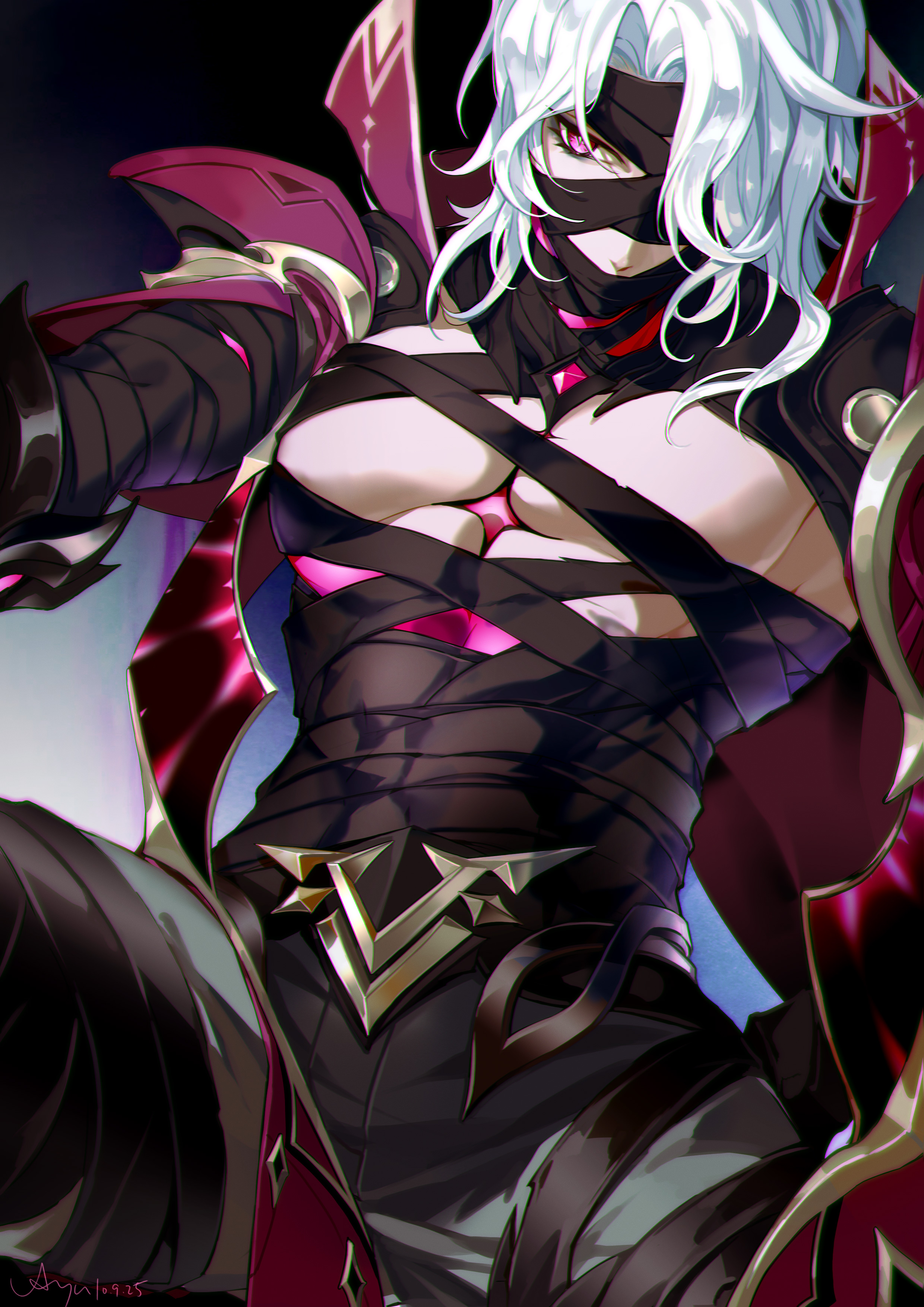ljayu, rerir (genshin impact), genshin impact, absurdres, commentary, hashtag-only commentary, highres, 1boy, arm up, bandaged arm, bandaged chest, bandages, bare pectorals, belt, black pants, cape, collared cape, covered mouth, eyelashes, male focus, medium hair, mystical high collar, one eye covered, pants, parted hair, pectorals, pink eyes, popped collar, solo, white hair