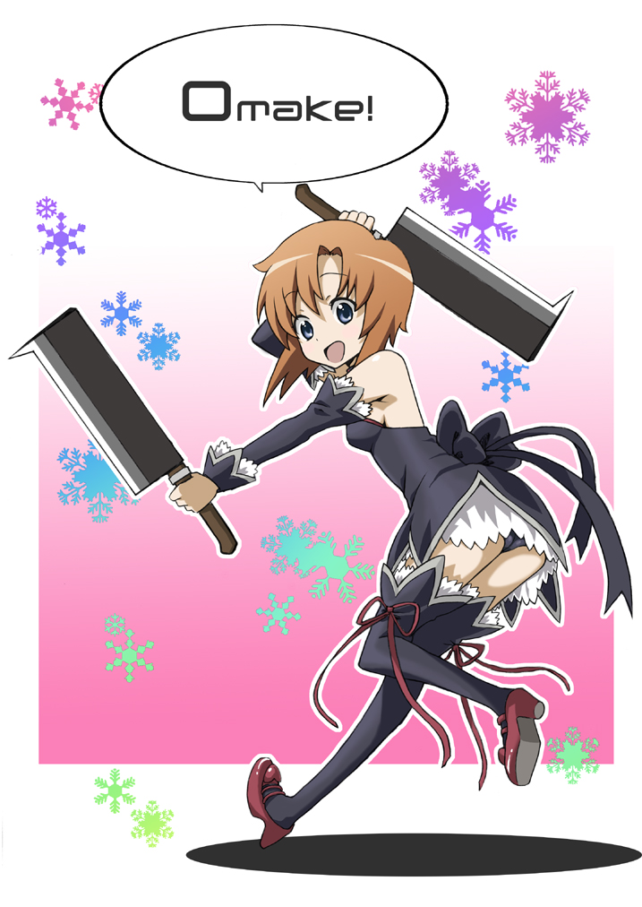 mana (gakuburu), ryuuguu rena, higurashi no naku koro ni, 00s, 1girl, angel mort, billhook, blue eyes, bow, breasts, brown hair, dress, dual wielding, female focus, hashitsuki nata, hatchet, holding, nata (tool), orange hair, panties, pantyshot, small breasts, snowflakes, solo, thighhighs, underwear