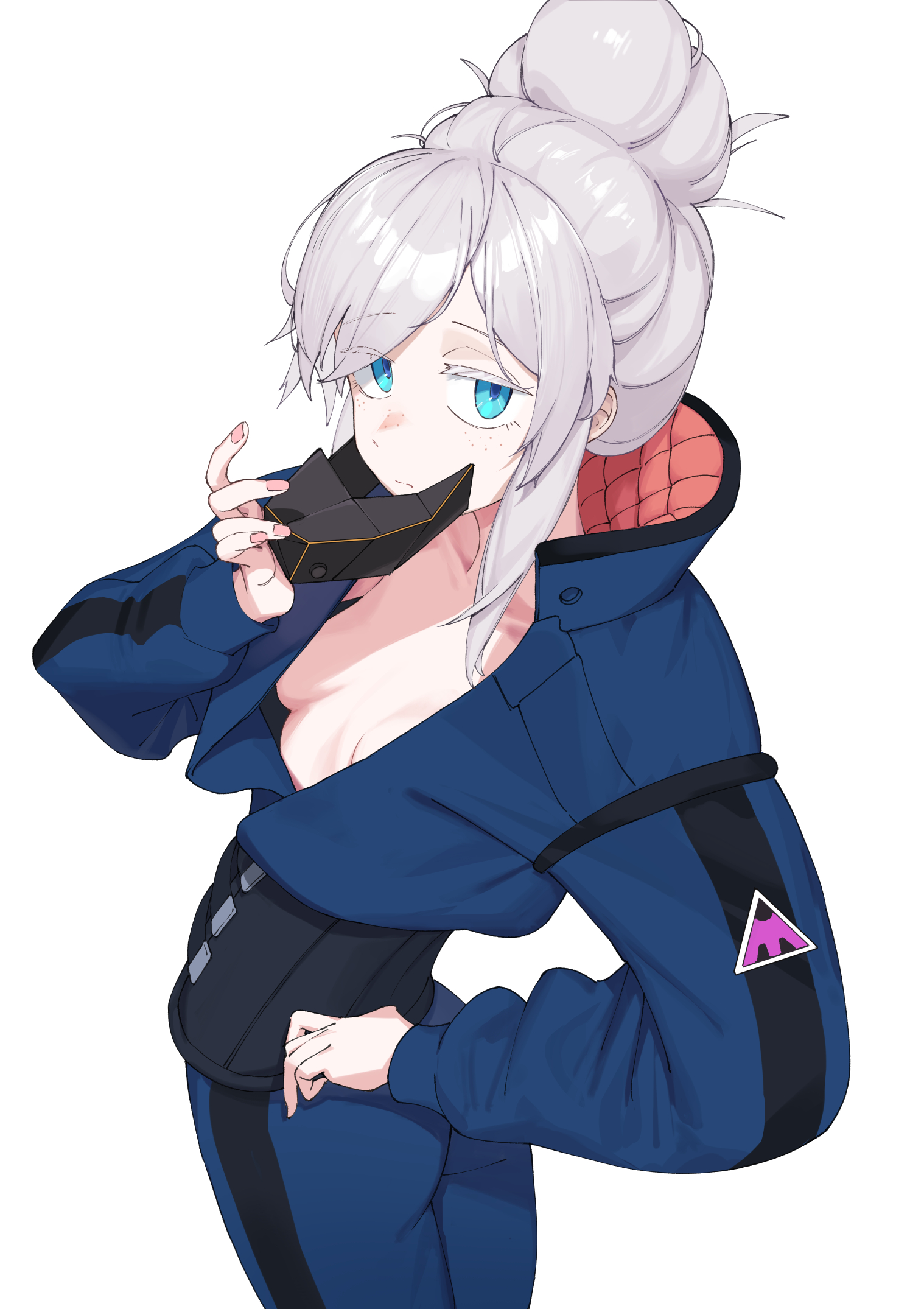 rikuhito juusan, deux murasame, gundam, gundam gquuuuuux, 1girl, blue eyes, bodysuit, breasts, grey hair, mask, no bra, pilot uniform, simple background, small breasts, solo, white background