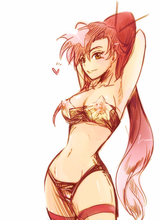 soyoking, space yoko, yoko littner, tengen toppa gurren lagann, 00s, 1girl, bandeau, bandeau bikini, bikini, blush, breasts, female focus, large breasts, long hair, ponytail, red hair, see-through clothes, solo, strapless, swimsuit, thighhighs, tube top, very long hair, yellow eyes