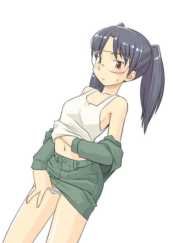 hinemosu notari, amasawa yuuko, dennou coil, bad id, bad pixiv id, 00s, 1girl, bare shoulders, clothes lift, female focus, glasses, midriff, navel, panties, panty pull, shirt lift, solo, underwear, white panties