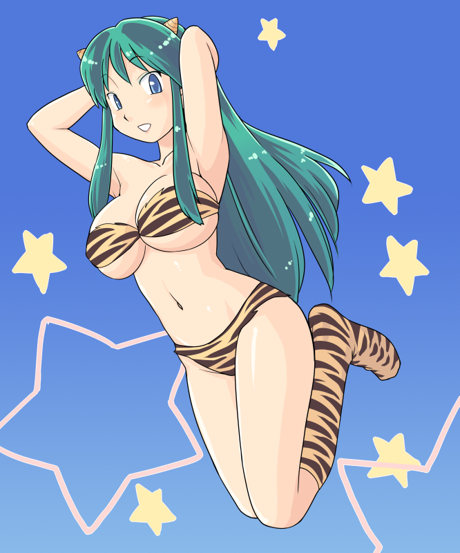 hinemosu notari, lum, urusei yatsura, bad id, bad pixiv id, animal print, bikini, blue eyes, boots, breasts, cone horns, green hair, horns, large breasts, long hair, midriff, navel, shorts, solo, striped horns, swimsuit, tiger print, underboob