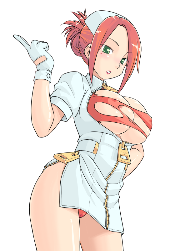 hinemosu notari, garnet (the rumble fish), the rumble fish, bad id, bad pixiv id, 1girl, areola slip, blush, breasts, cameltoe, cleavage, cleavage cutout, clothing cutout, covered erect nipples, cowboy shot, dress, female focus, folded ponytail, from side, full-length zipper, gloves, green eyes, hand on own hip, hand up, hat, index finger raised, large breasts, leotard, leotard under clothes, lipstick, looking at viewer, makeup, mole, mole under eye, nipples, nurse, nurse cap, open clothes, open dress, panties, pantyshot, parted lips, pink hair, red hair, red leotard, red lips, short dress, short sleeves, side slit, sideboob, sidelocks, simple background, skindentation, solo, standing, thighs, torn clothes, torn leotard, underboob, underwear, unzipped, upskirt, white background, white dress, white gloves, white hat, zipper, zipper dress, zipper pull tab