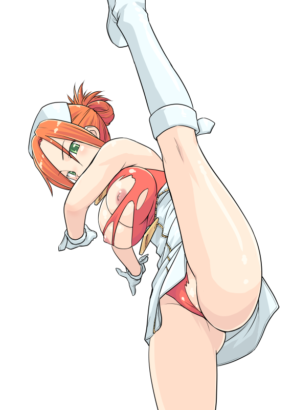 hinemosu notari, garnet (the rumble fish), the rumble fish, bad id, bad pixiv id, 1girl, breasts, female focus, gloves, green eyes, high kick, kicking, large breasts, nipples, nurse, paizuri, panties, pantyshot, pink hair, solo, torn clothes, underwear, upskirt