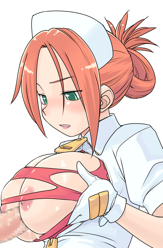 hinemosu notari, garnet (the rumble fish), the rumble fish, bad id, bad pixiv id, 1boy, 1girl, areola slip, blush, breasts, breasts squeezed together, bursting breasts, censored, cleavage, cum, cum on body, cum on breasts, cum on upper body, dress, erection, folded ponytail, from side, gloves, green eyes, hat, hetero, large breasts, leotard, leotard under clothes, lipstick, looking down, makeup, mosaic censoring, nose blush, nurse, nurse cap, open clothes, open dress, out of frame, oversized zipper, paizuri, paizuri under clothes, parted lips, penis, perpendicular paizuri, pink hair, pink lips, shiny skin, short hair, short sleeves, sideboob, sidelocks, simple background, skindentation, solo focus, torn clothes, torn leotard, underboob, upper body, white background, white dress, white gloves, white hat, zipper, zipper pull tab