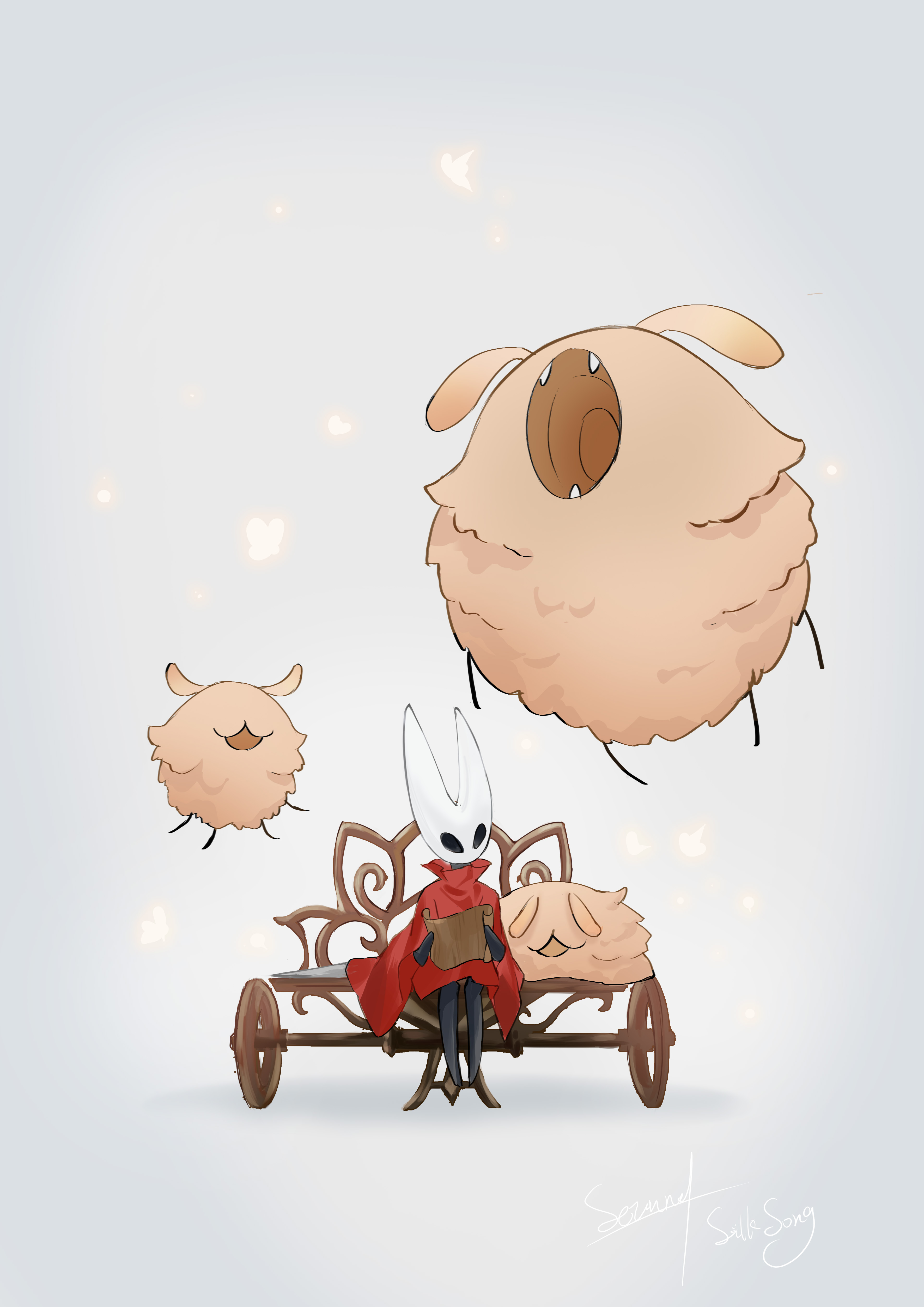 flea (hollow knight), hornet (hollow knight), huge flea (hollow knight), hollow knight, hollow knight: silksong, absurdres, highres, 1girl, arthropod girl, black skin, bug, butterfly, cloak, colored skin, fangs, full body, grey background, holding, holding map, hollow eyes, horned mask, insect, looking at another, map, mask, needle (hollow knight), no humans, no mouth, on bench, open mouth, red cloak, simple background, sitting, user hhkr4535, white mask